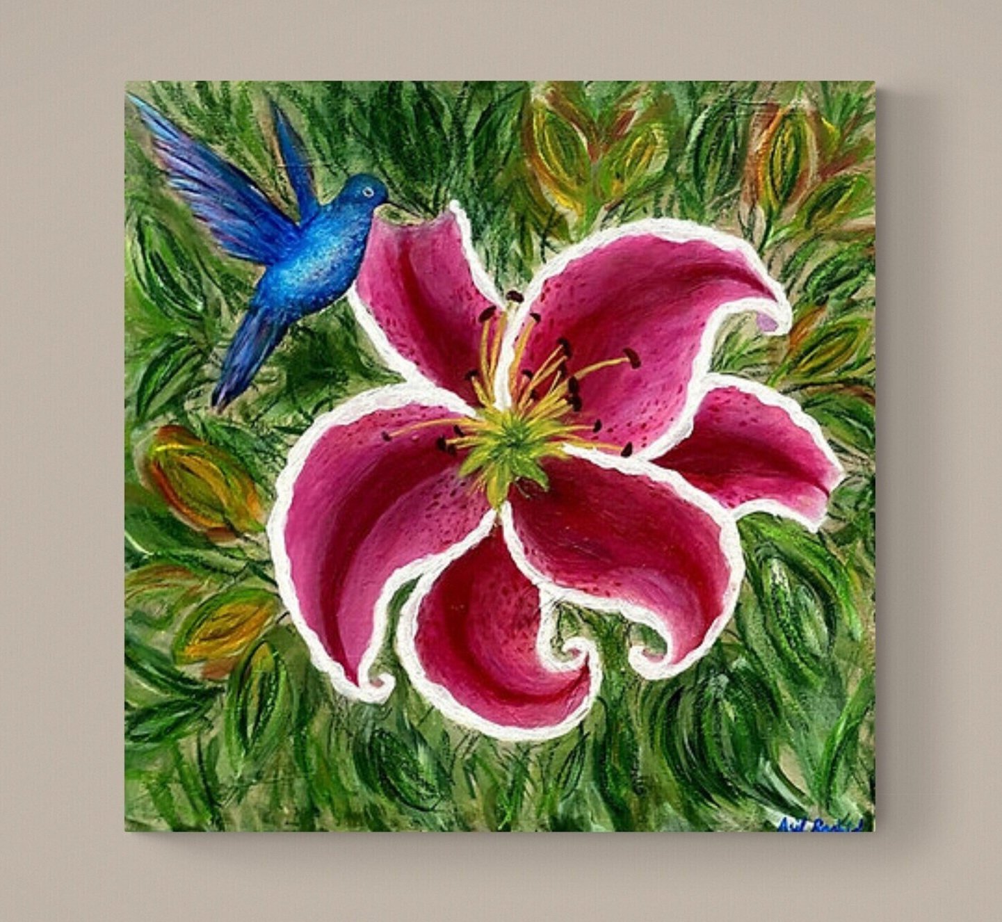 Original Acrylic floral Painting Tiger Lily with hummingbird