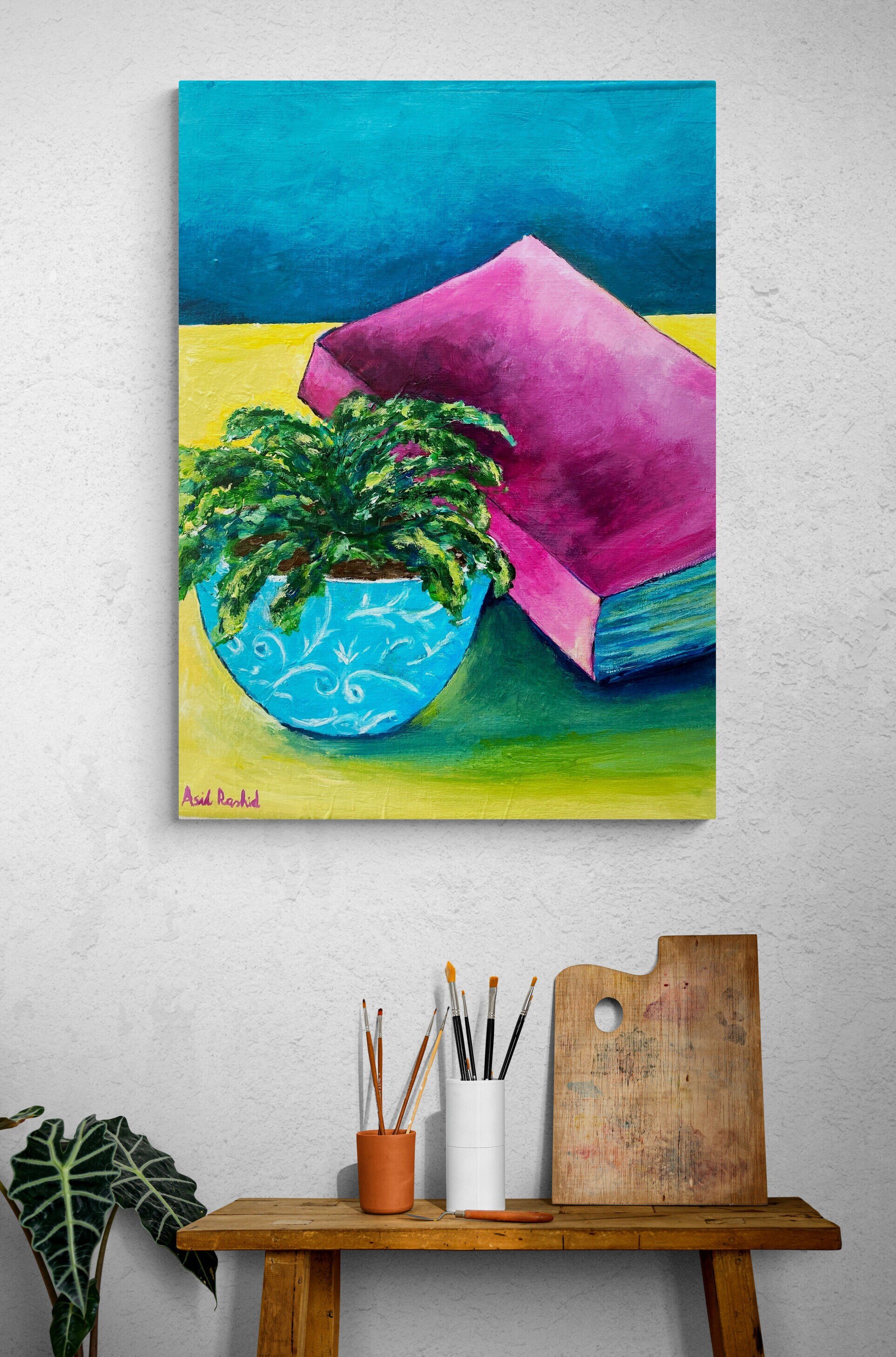 Still life with cactus acrylic painting on 16x12 canvas