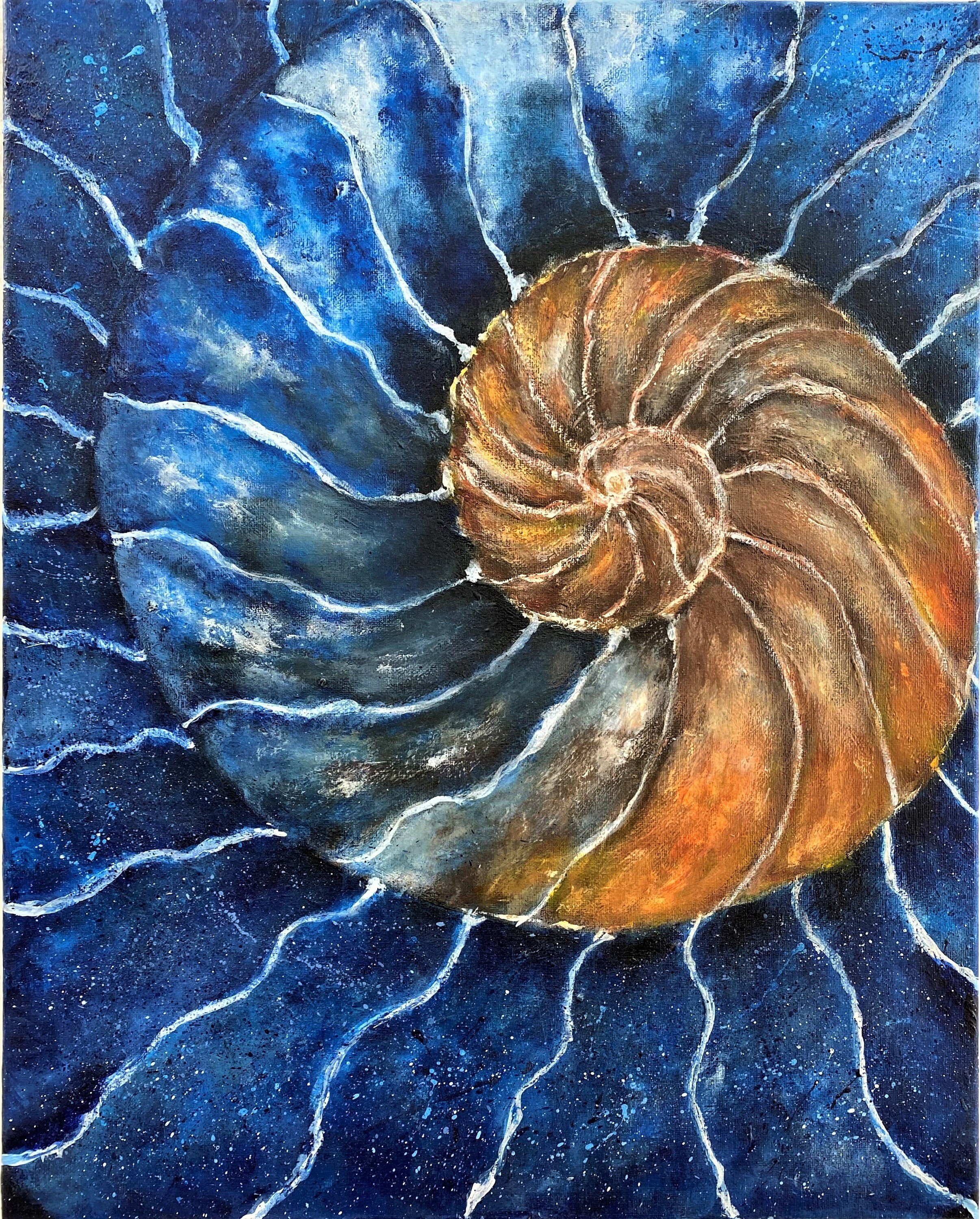 Ammonite Shell – Original Acrylic Fossil Painting | 16x20 Abstract Nature Art