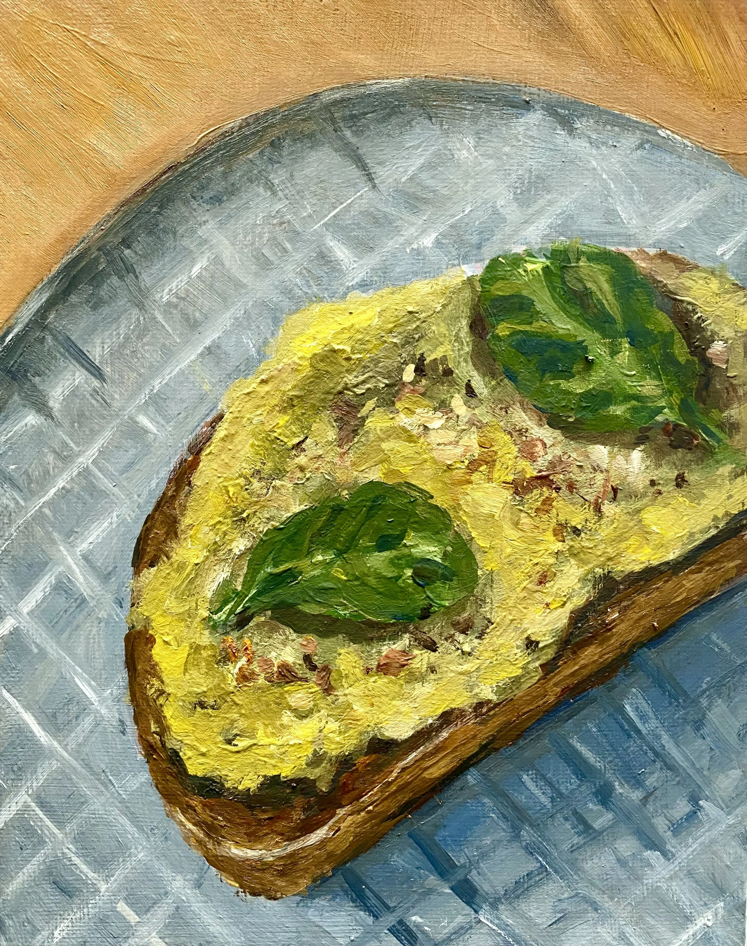 "Avocado Toast", water mixable oil on canvas panel, 8x6"