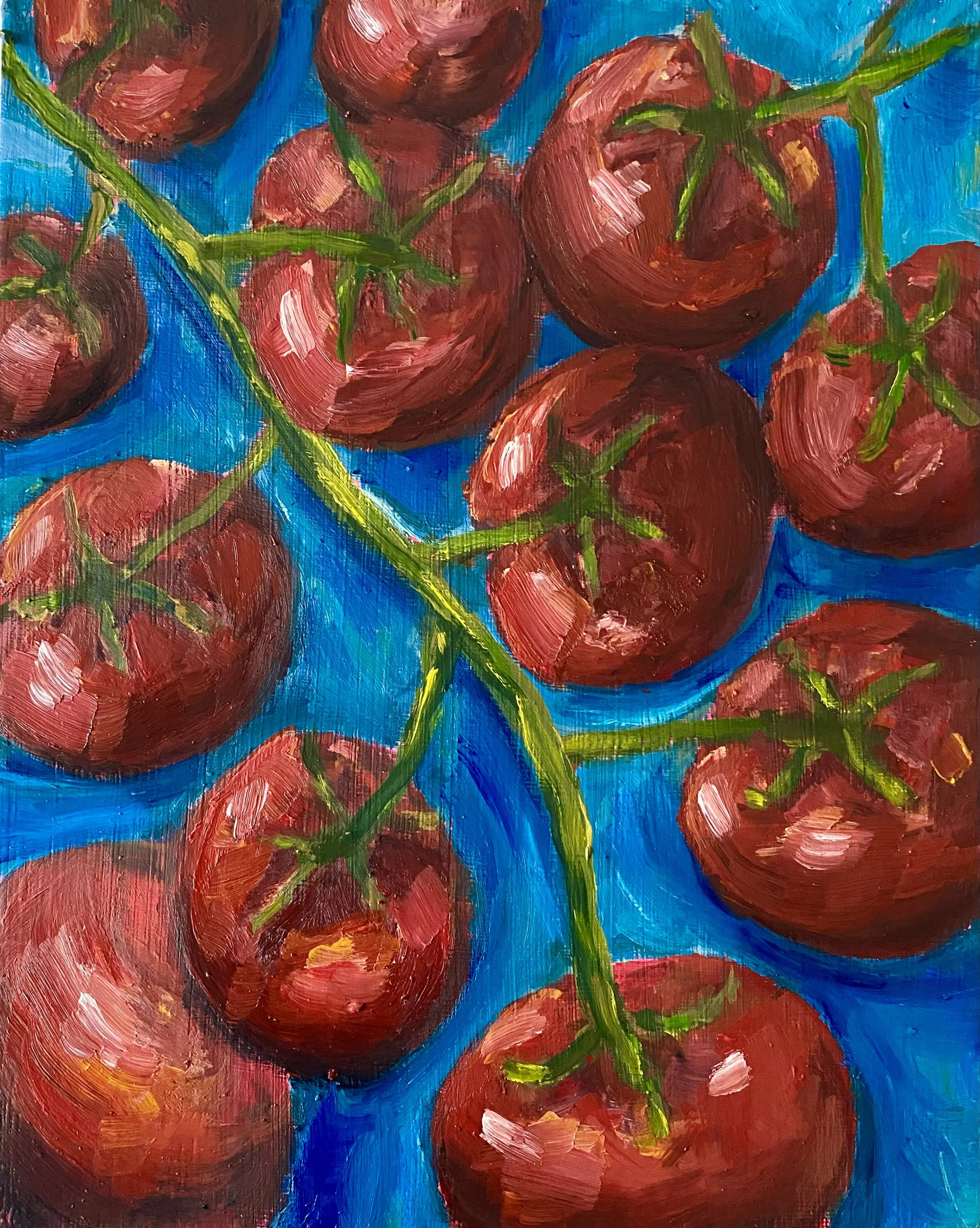 "Tomatoes on the Vine", water mixable oil on wood panel, 10x8"