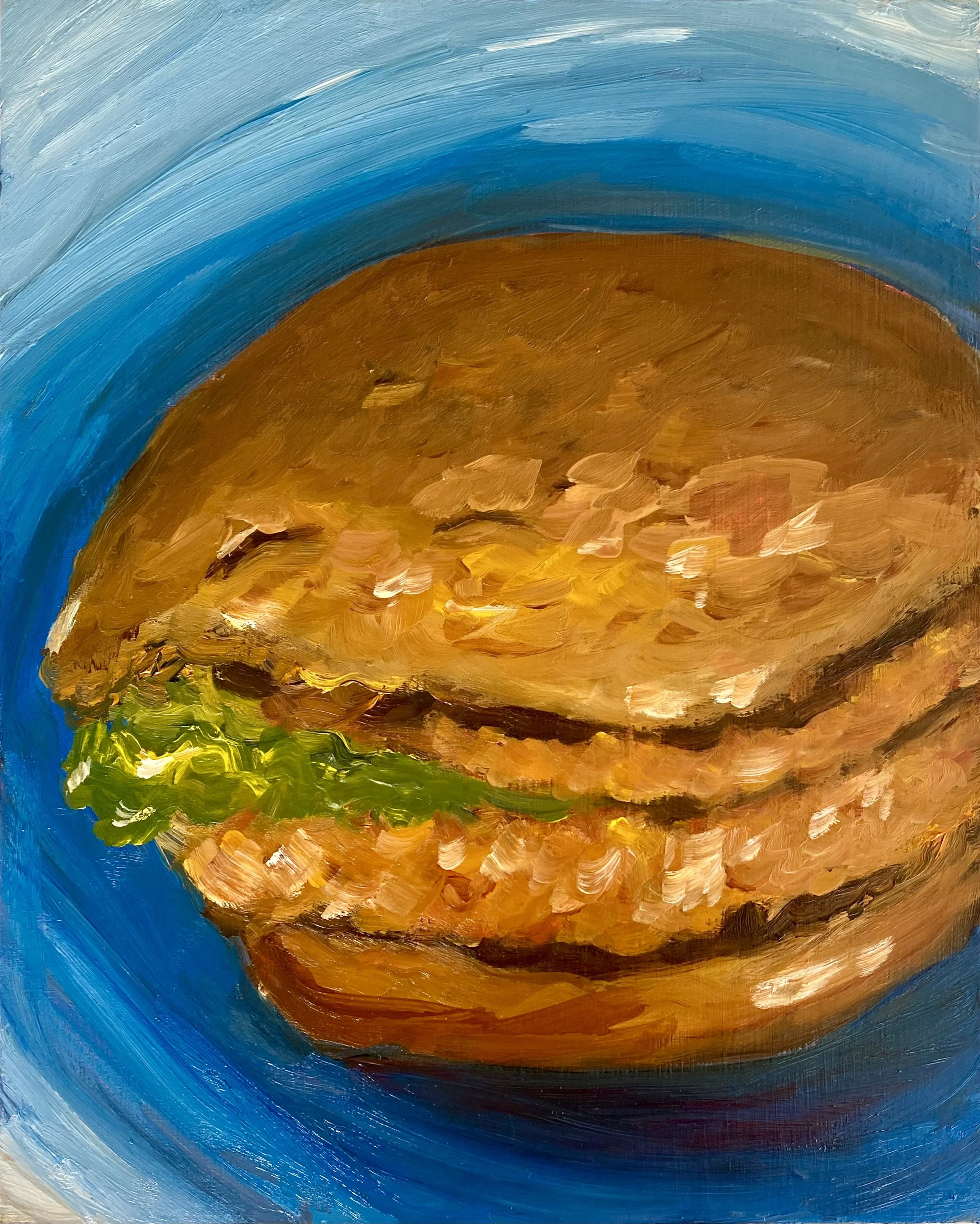 "Chicken Burger", water mixable oil on wood panel, 10x8"
