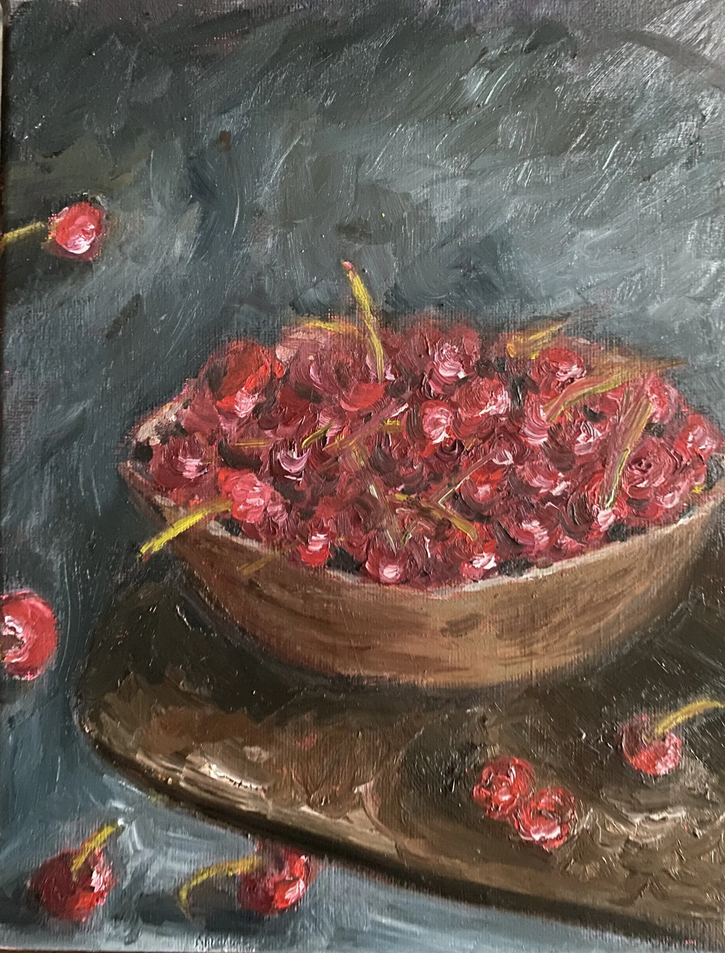 "Bowl of Cherries", water mixable oil on stretched canvas, 10x8"