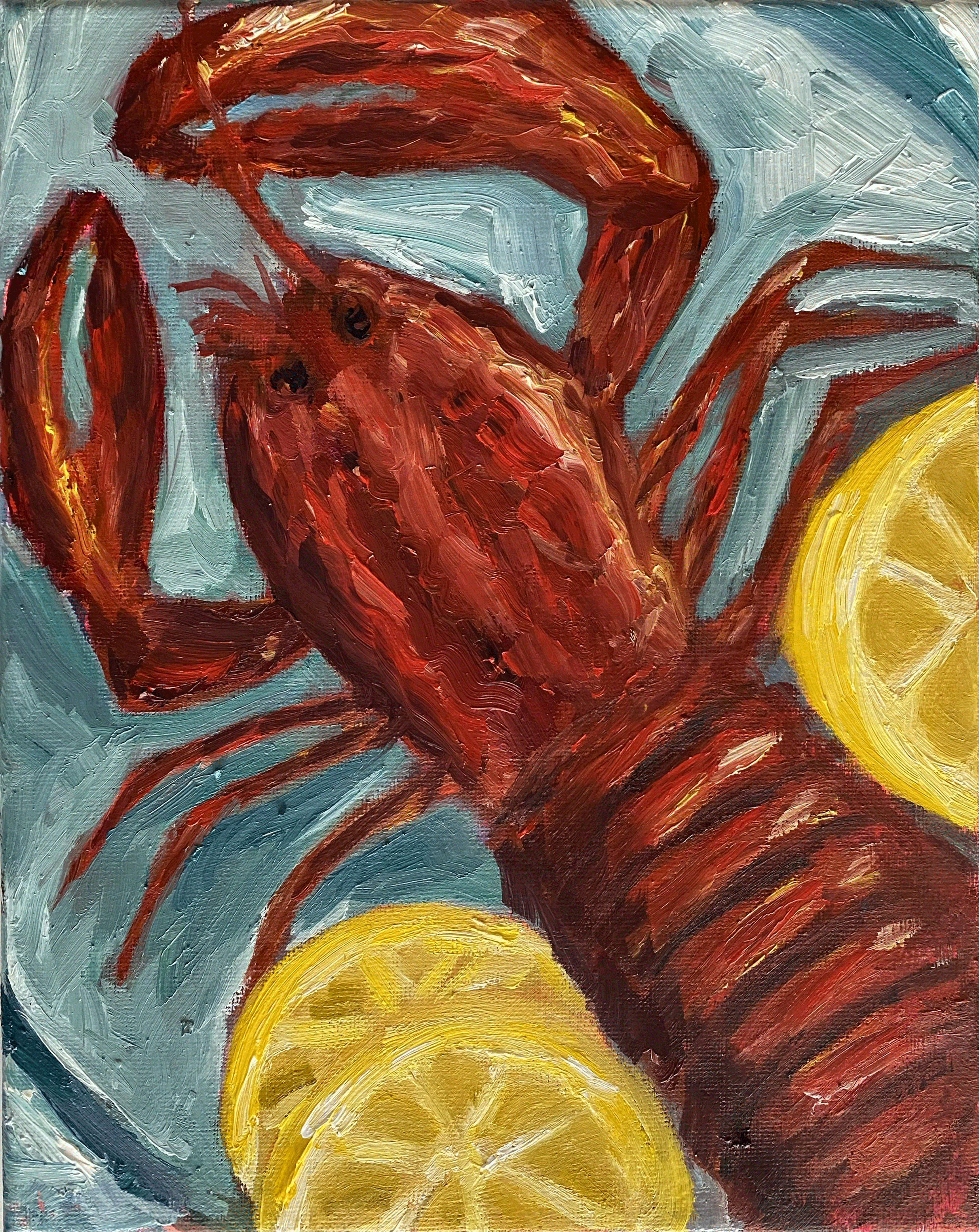 "Red Lobster", water mixable oil on stretched canvas, 10x8"