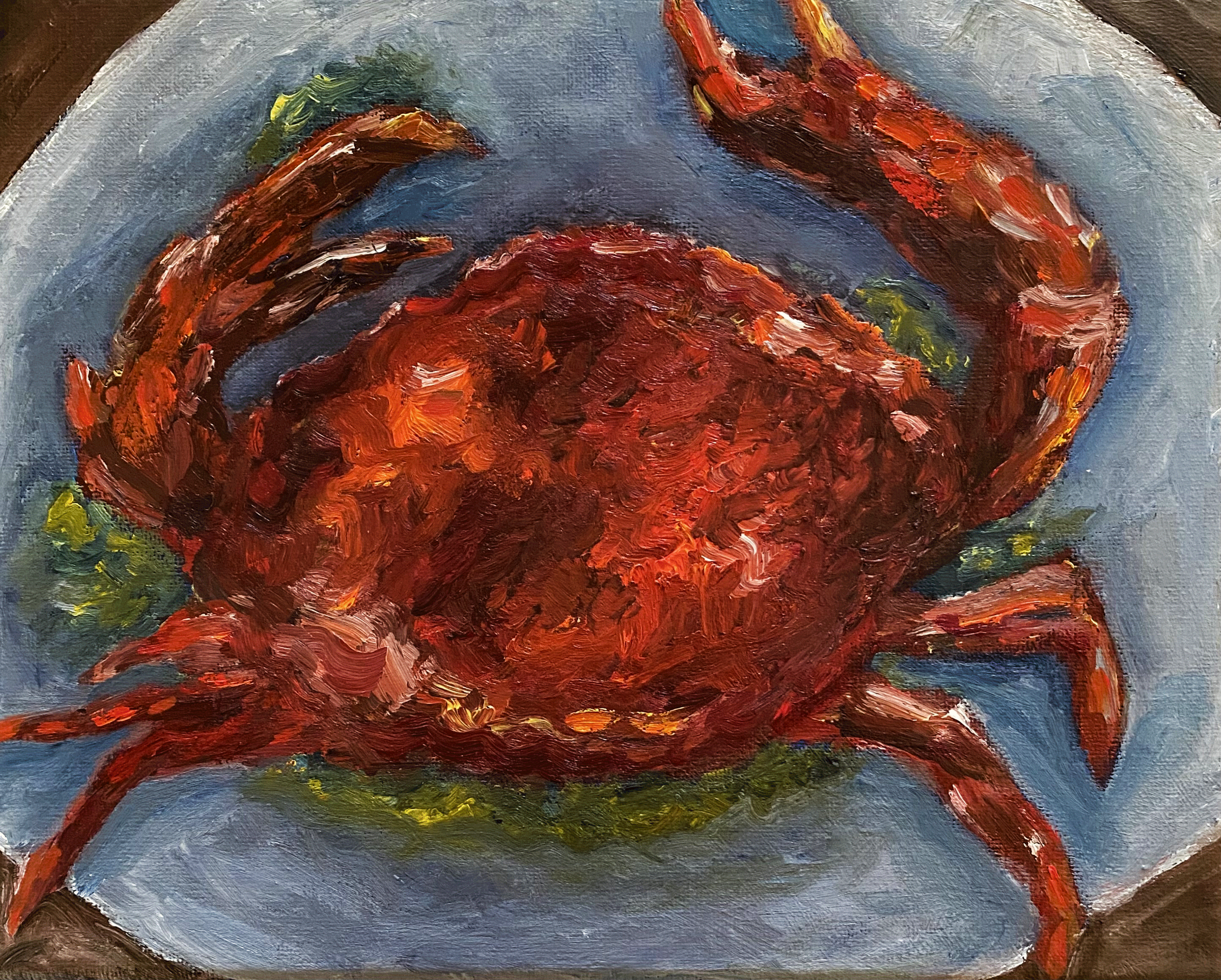 "Red Crab on Plate", water mixable oil on stretched canvas, 10x8"
