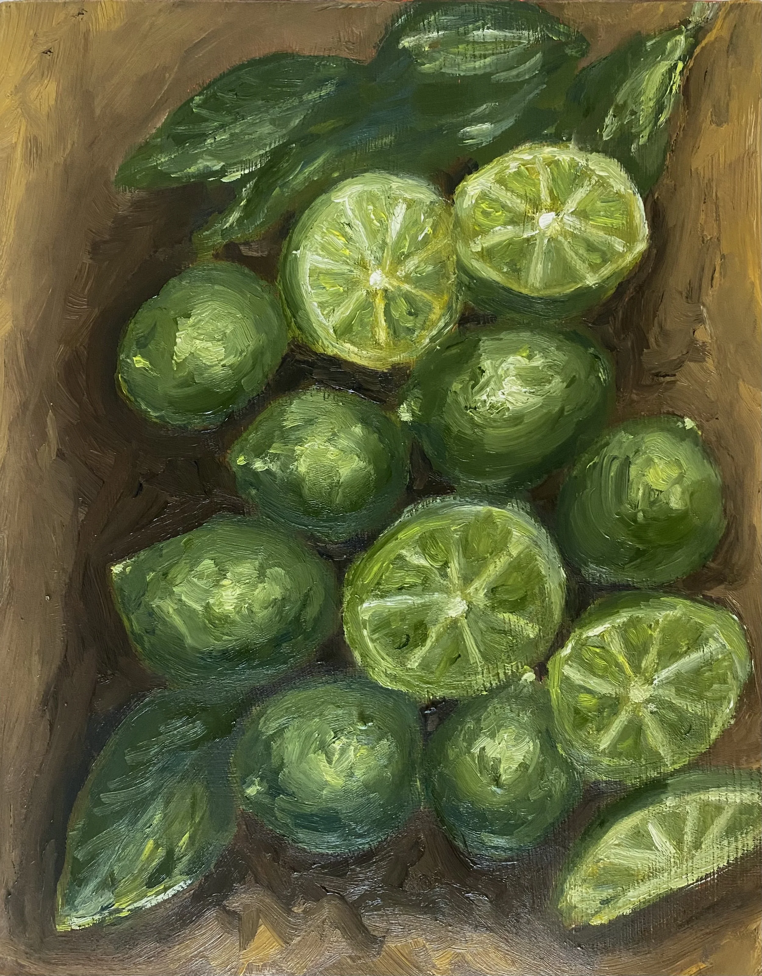 "Limes", water mixable oil on cradled wood panel, 10x8"