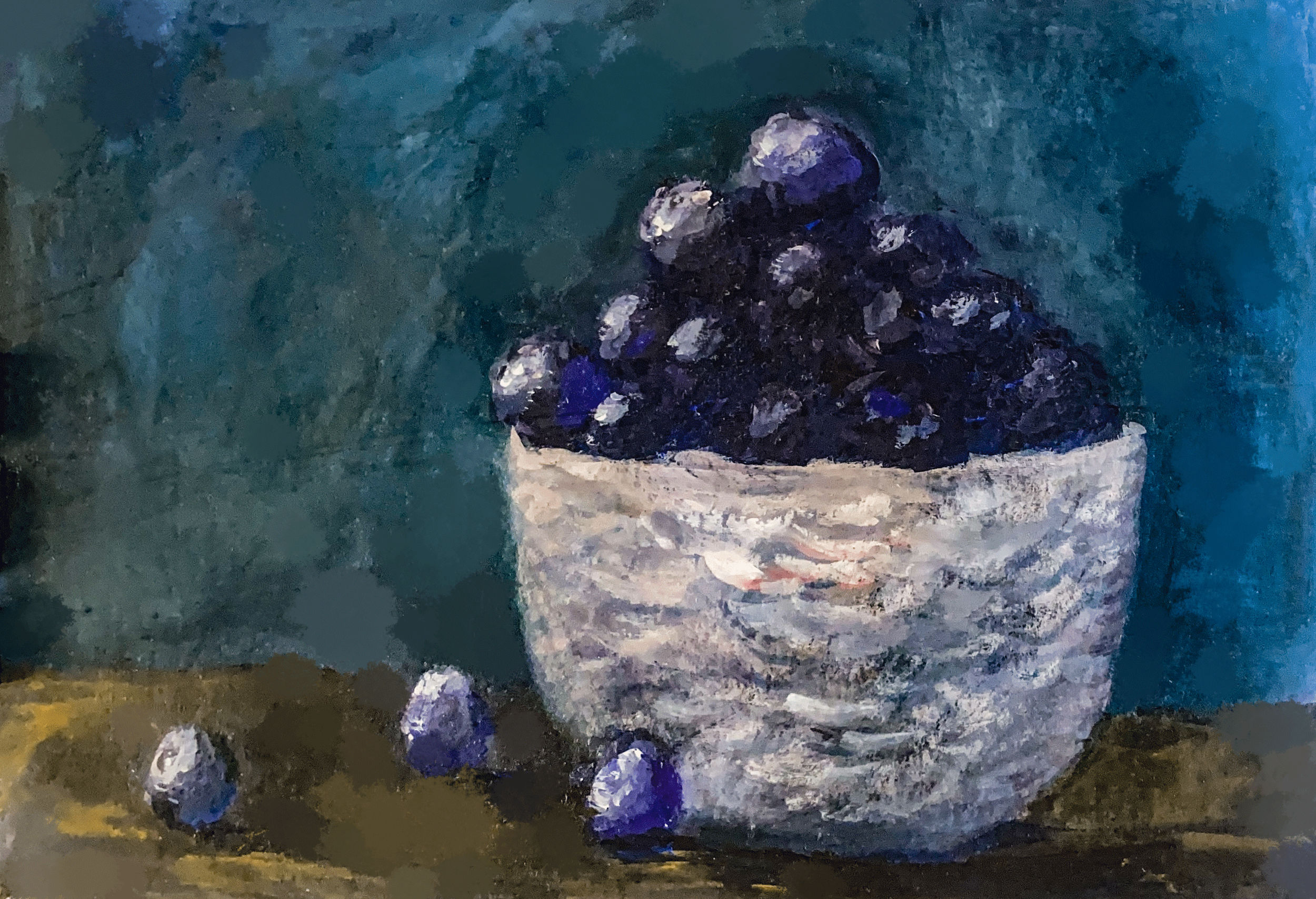 Day 34/365: "Bowl of blueberries", gouache on watercolor paper, 8.5 x 5.5"