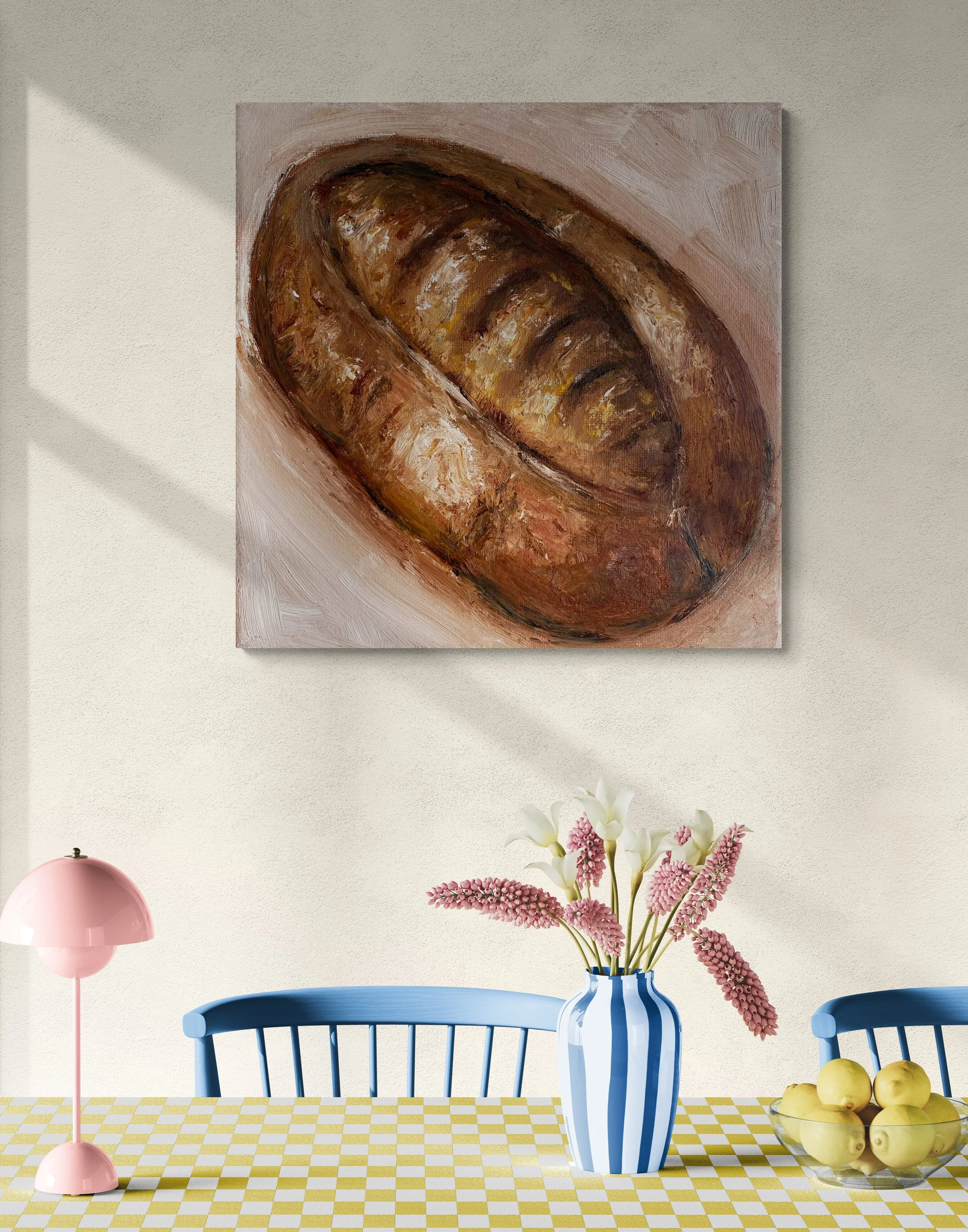brown sourdough bread painting hung on wall dining room
