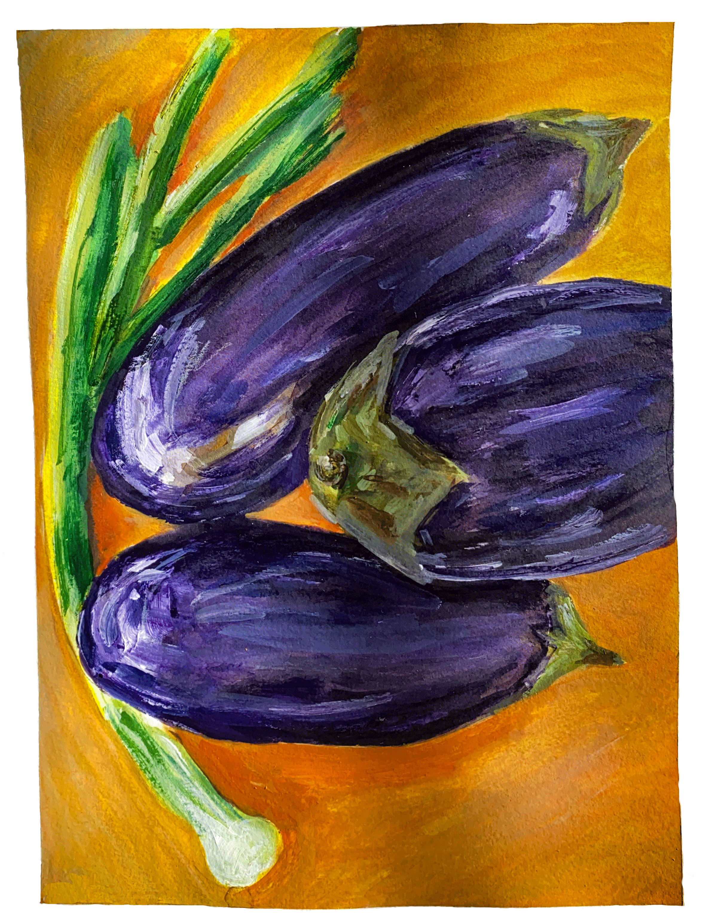 eggplants and spring onions on orange background close up.png