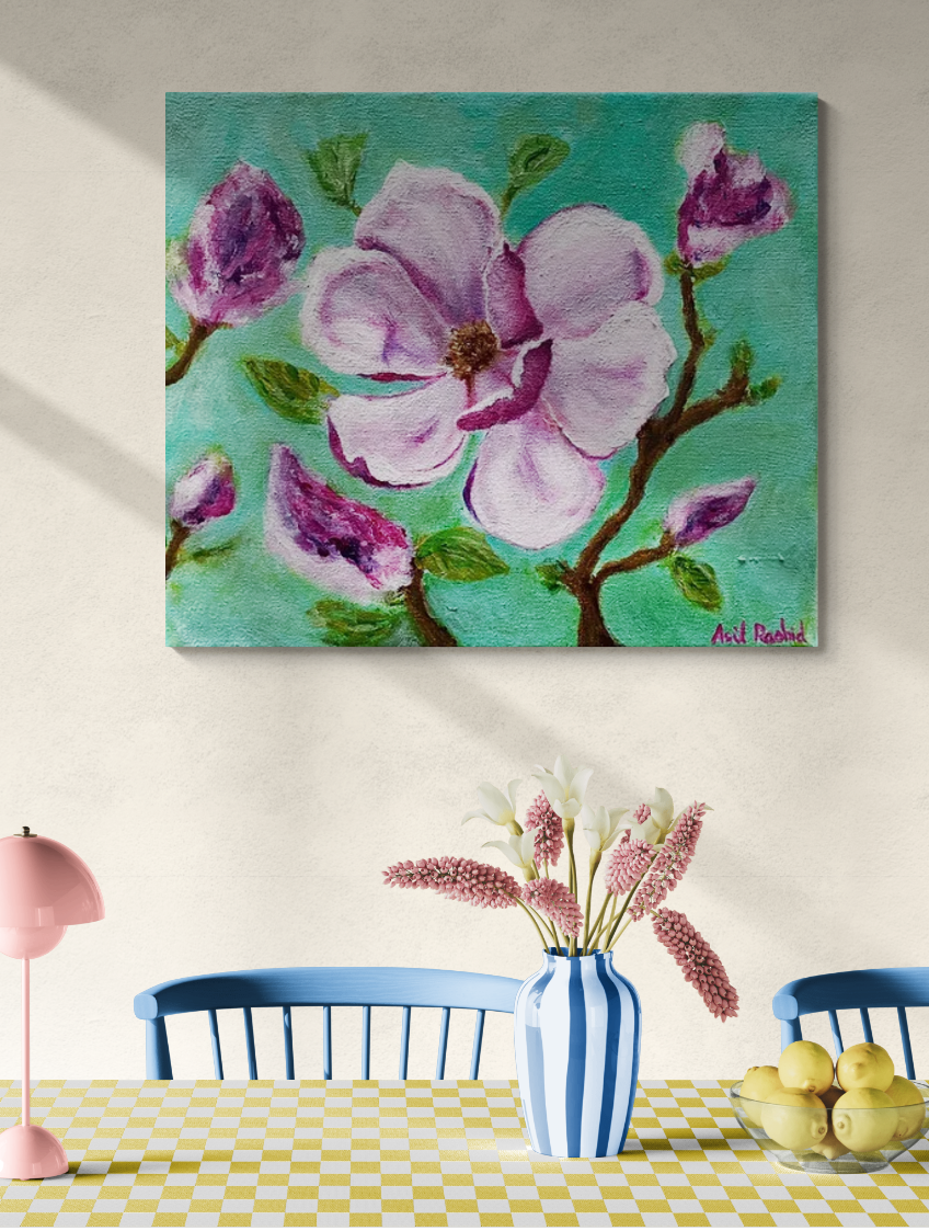 Magnolia pink on green background with buds and leaves