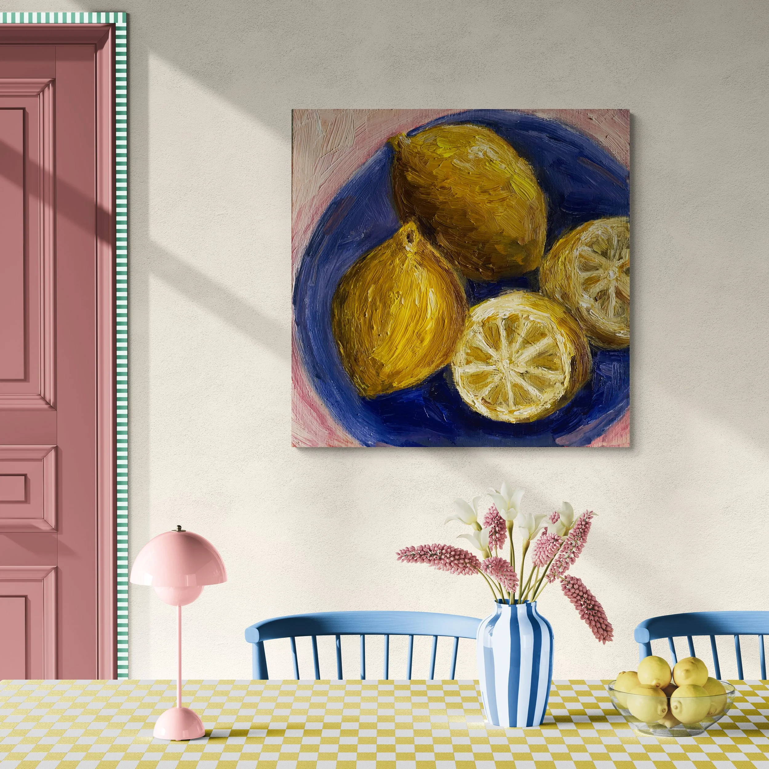 lemons and lemon slices on blue plate hung in living room