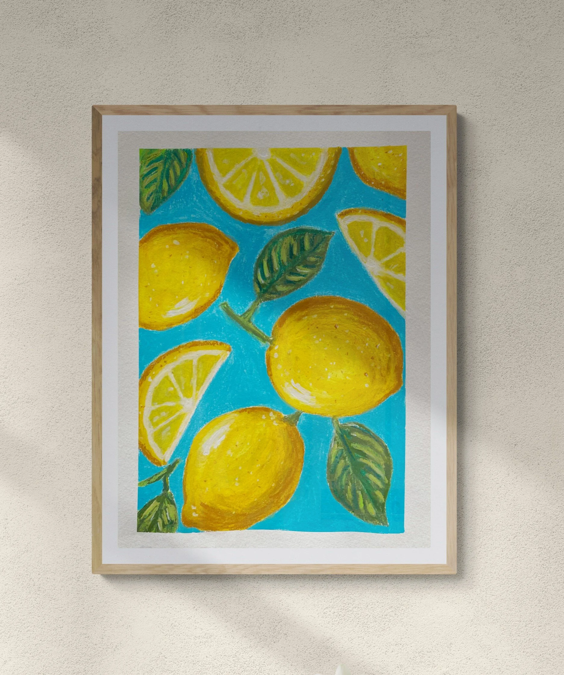 bright yellow lemons with green leaves on blue background art print hung on wall(8).jpg