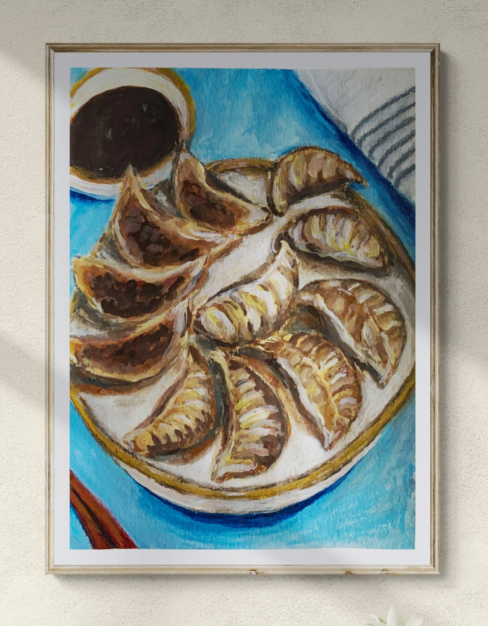 dumplings on blue background with soy sauce framed hung on wall