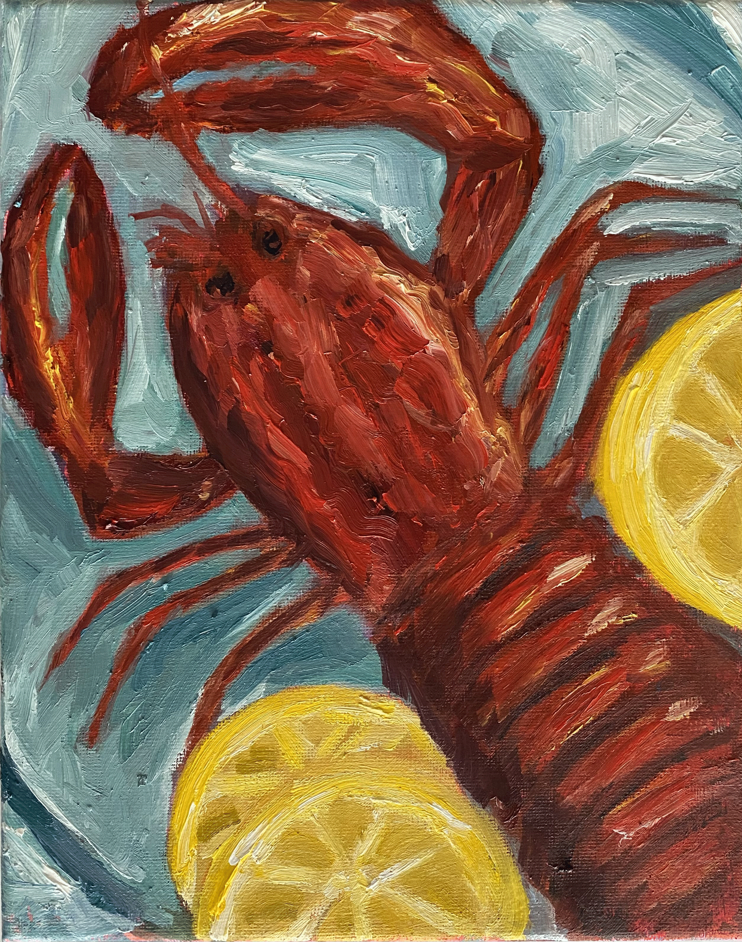 "Red Lobster", water mixable oil on stretched canvas, 10x8"