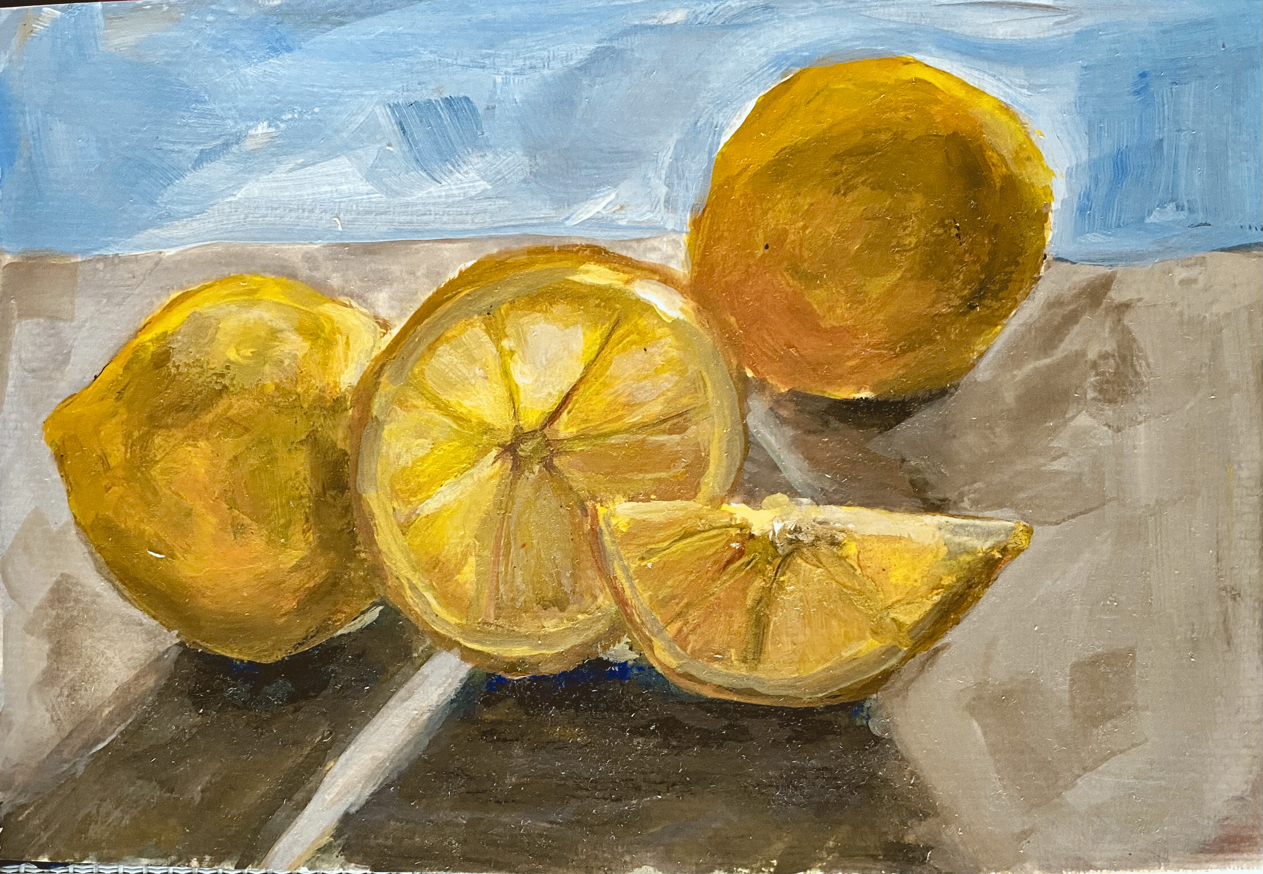 Day 36: "Lemons in Light", gouache on watercolor paper, 8.5 x 11.75".