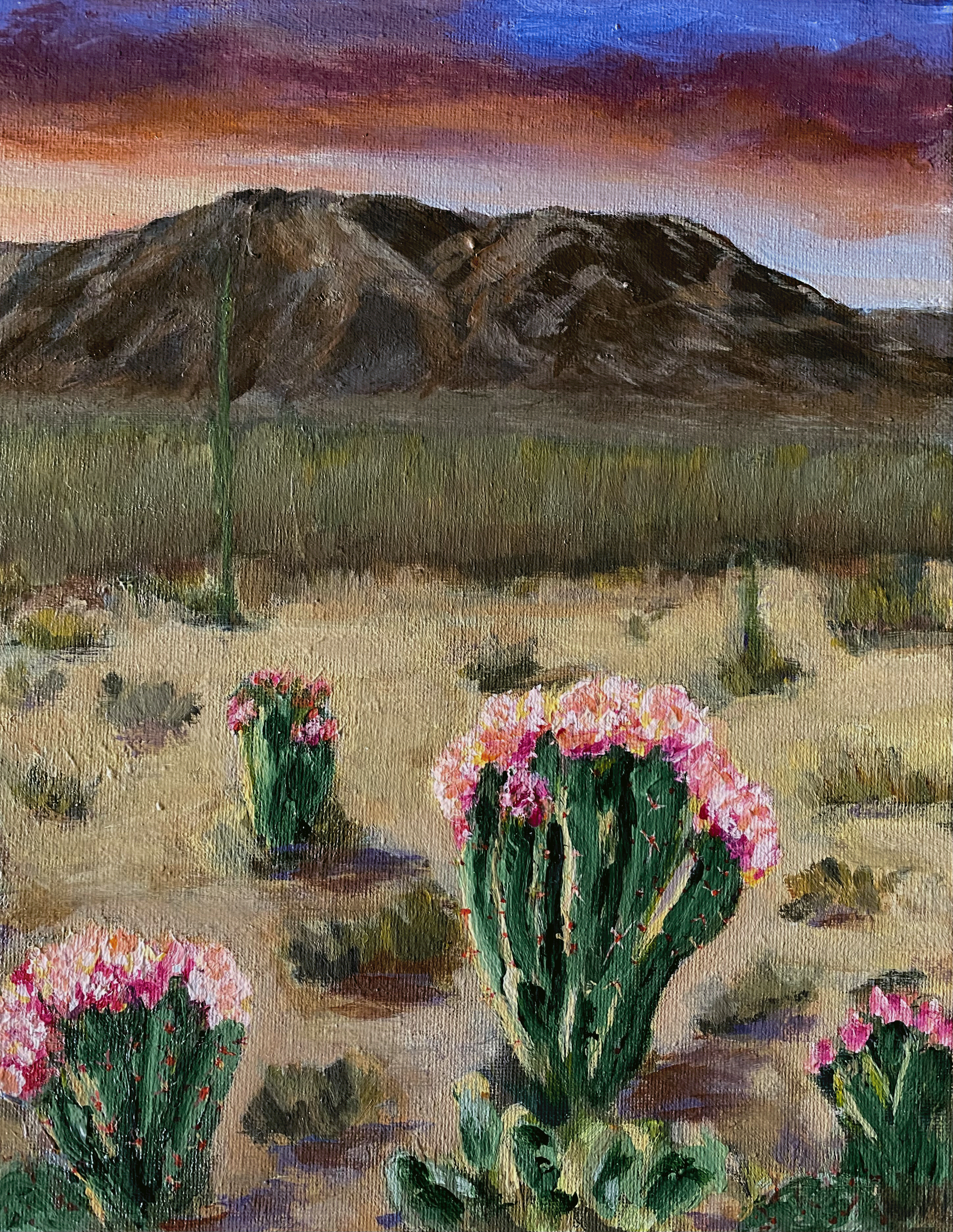 acrylic painting original western desert mountain landscape flowering cactus desert garden