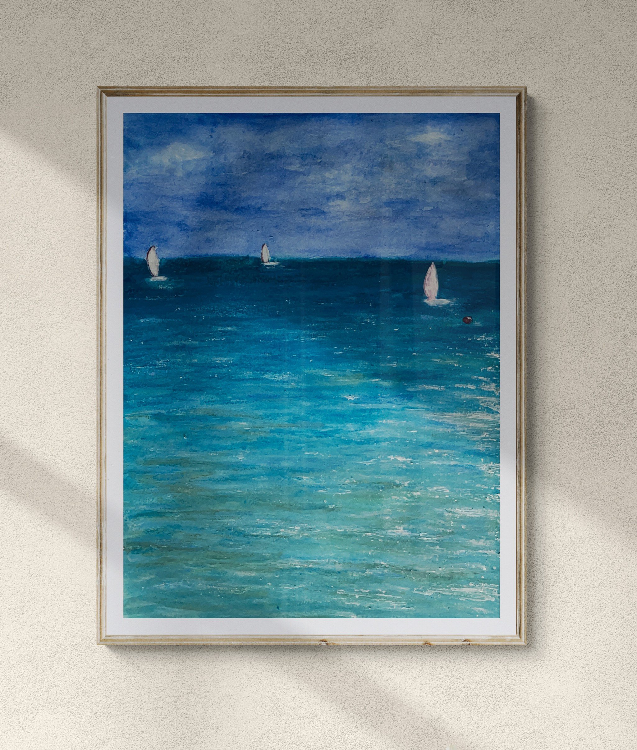 Day 67: "Caribbean Blue", wax pastels on cold pressed, heavy weight watercolor paper, 9×12”