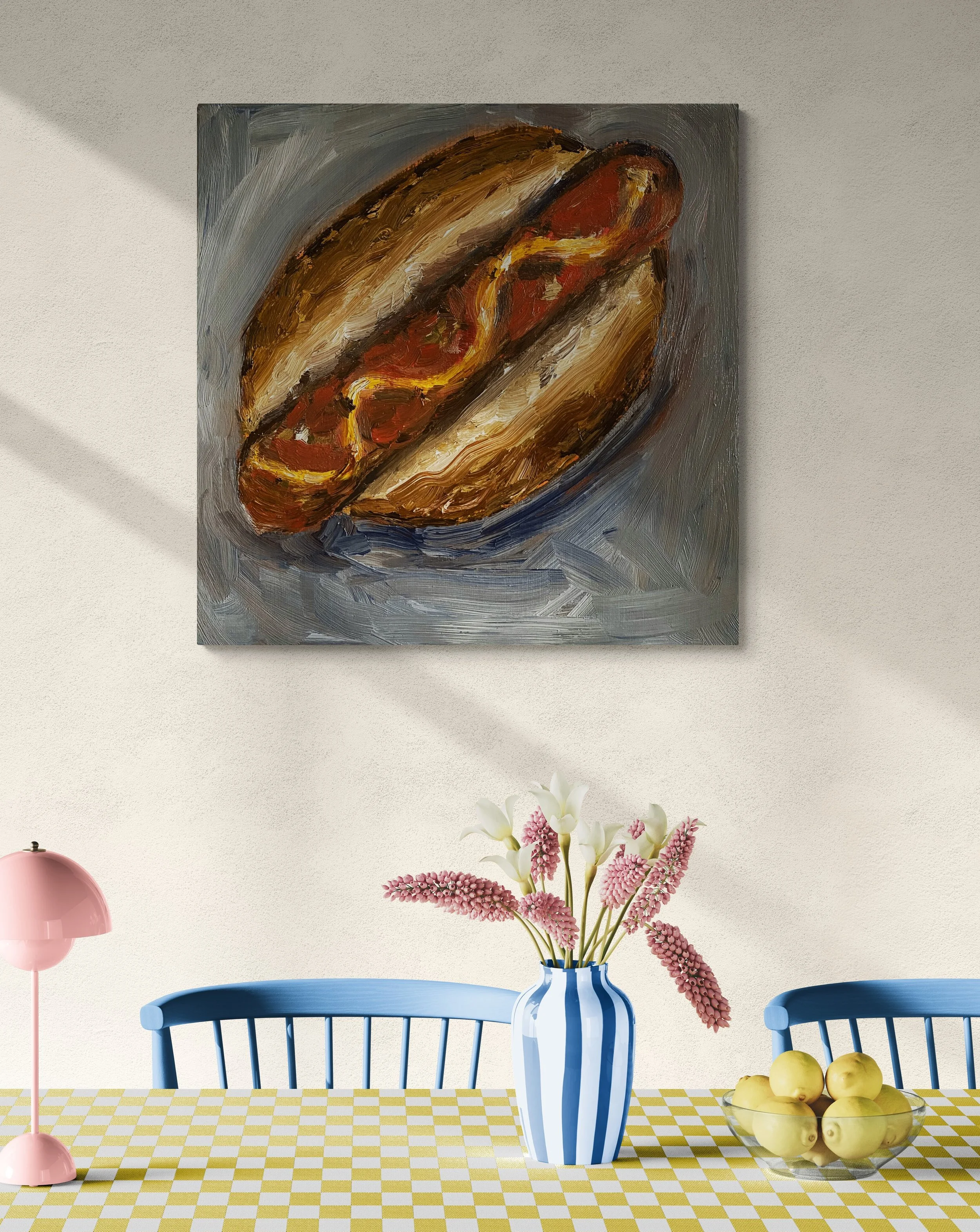 hotdog sandwich with mustard painting hung in dining room.jpg
