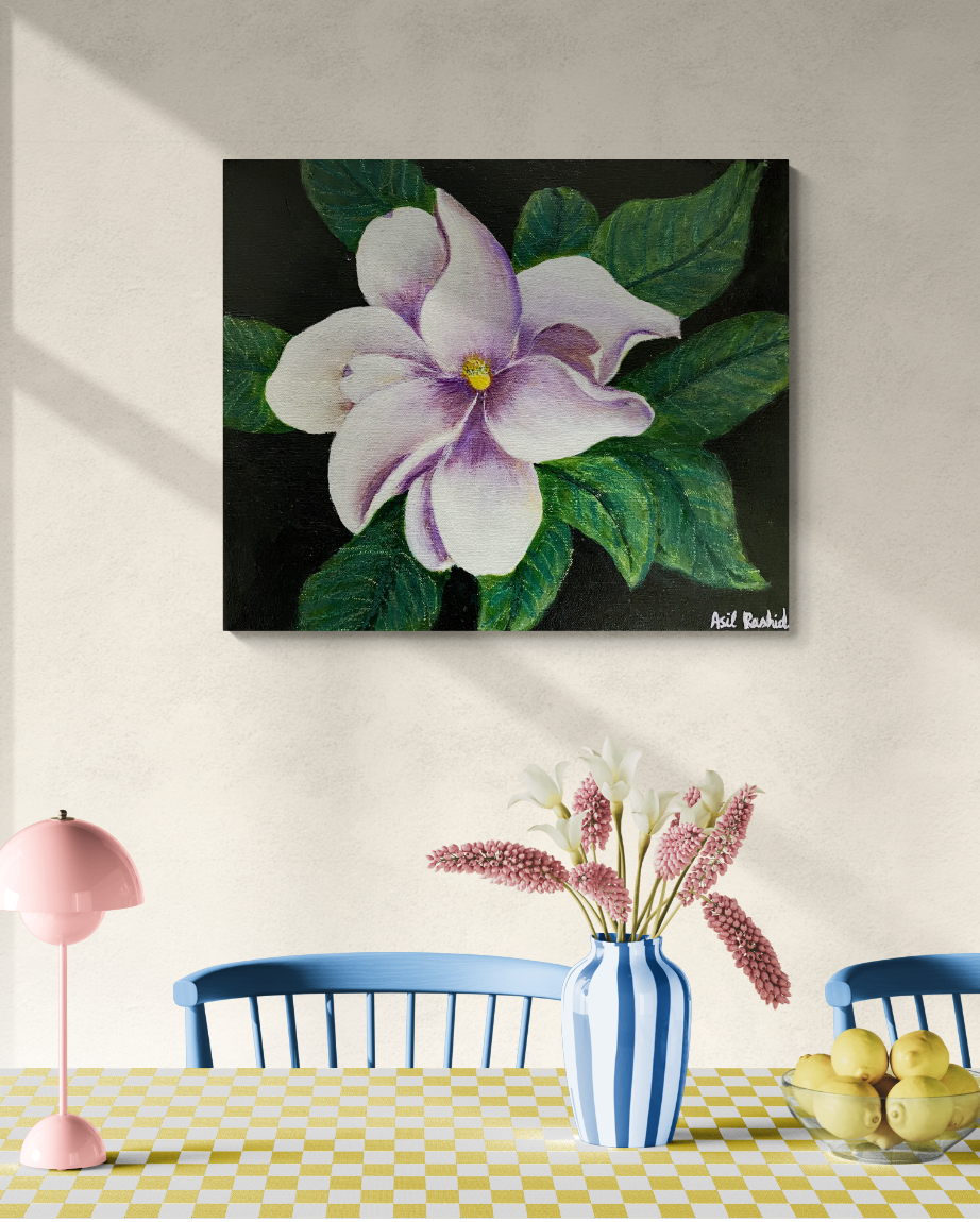 acrylic on stretched canvas painting white magnolia with green leaves