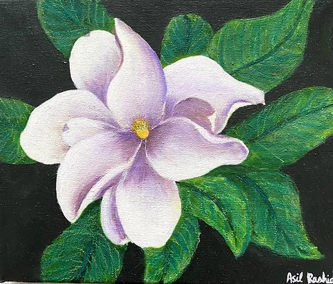 acrylic on stretched canvas painting white magnolia with green leaves