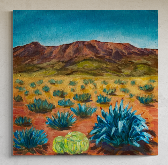 acrylic painting original western desert mountain landscape blue agave