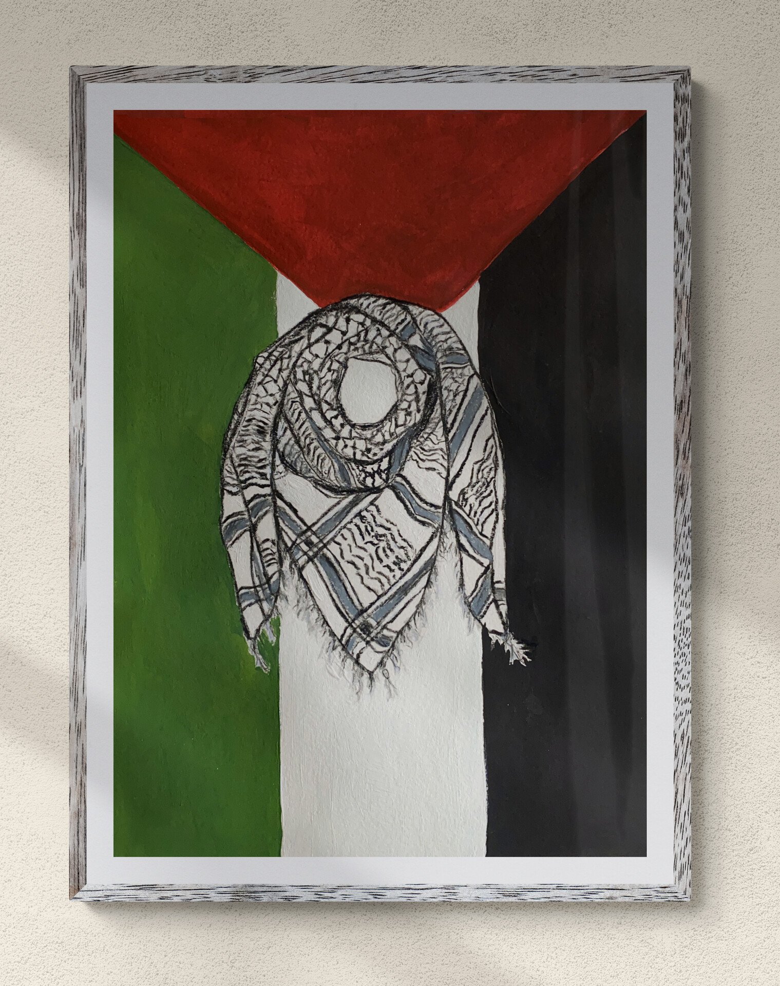 Black and white Palestinian keffiyeh wrapped on background of Palestine flag framed hung on walljpg