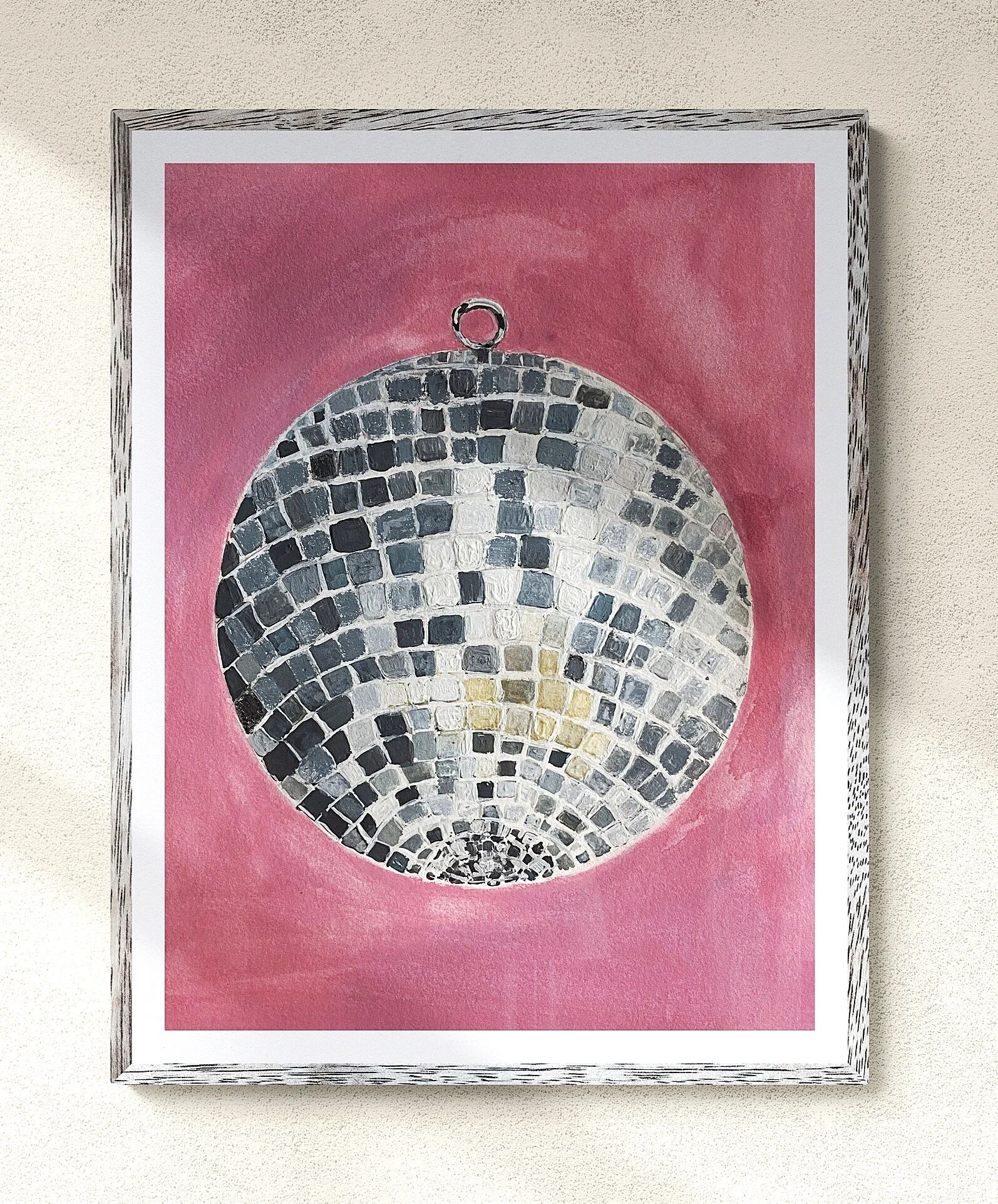 silver disco ball on pink background framed hung on wall.jpg