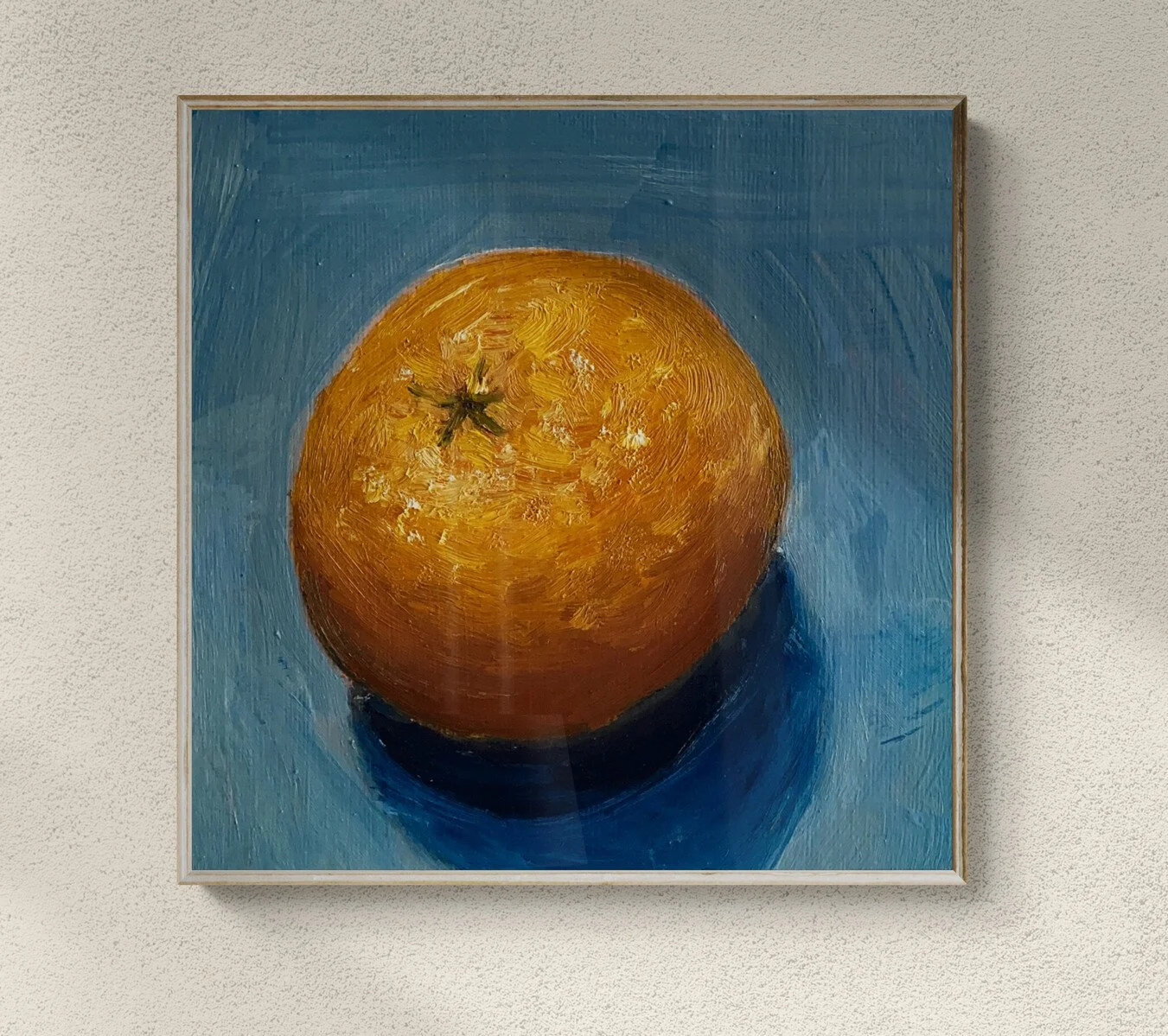 orange on blue background mini painting framed hung on wall .jpg