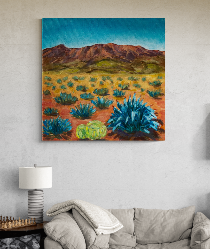 acrylic painting original western desert mountain landscape blue agave