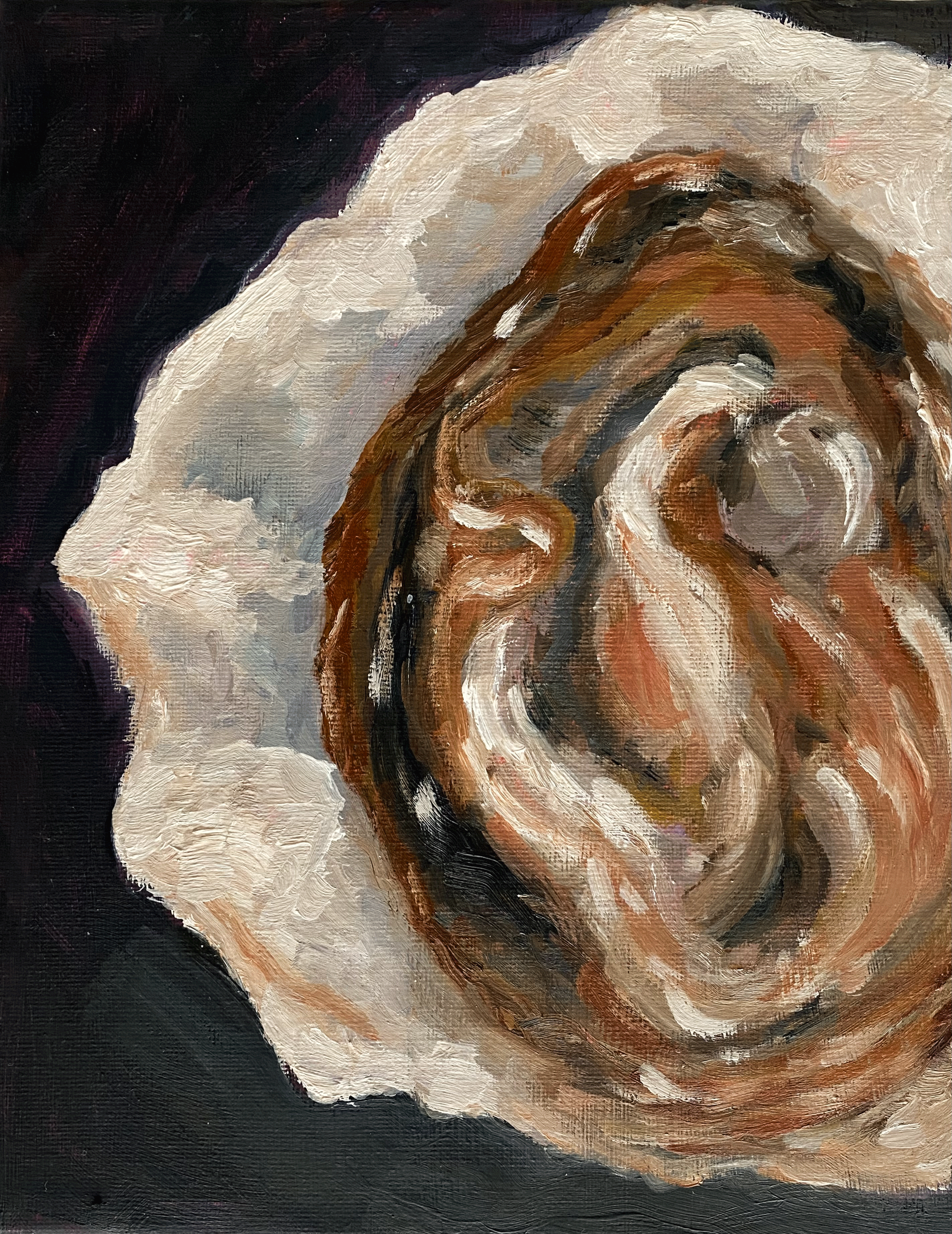 Day 15/365: "Oyster on black", water mixable oil on stretched canvas, 10x8"