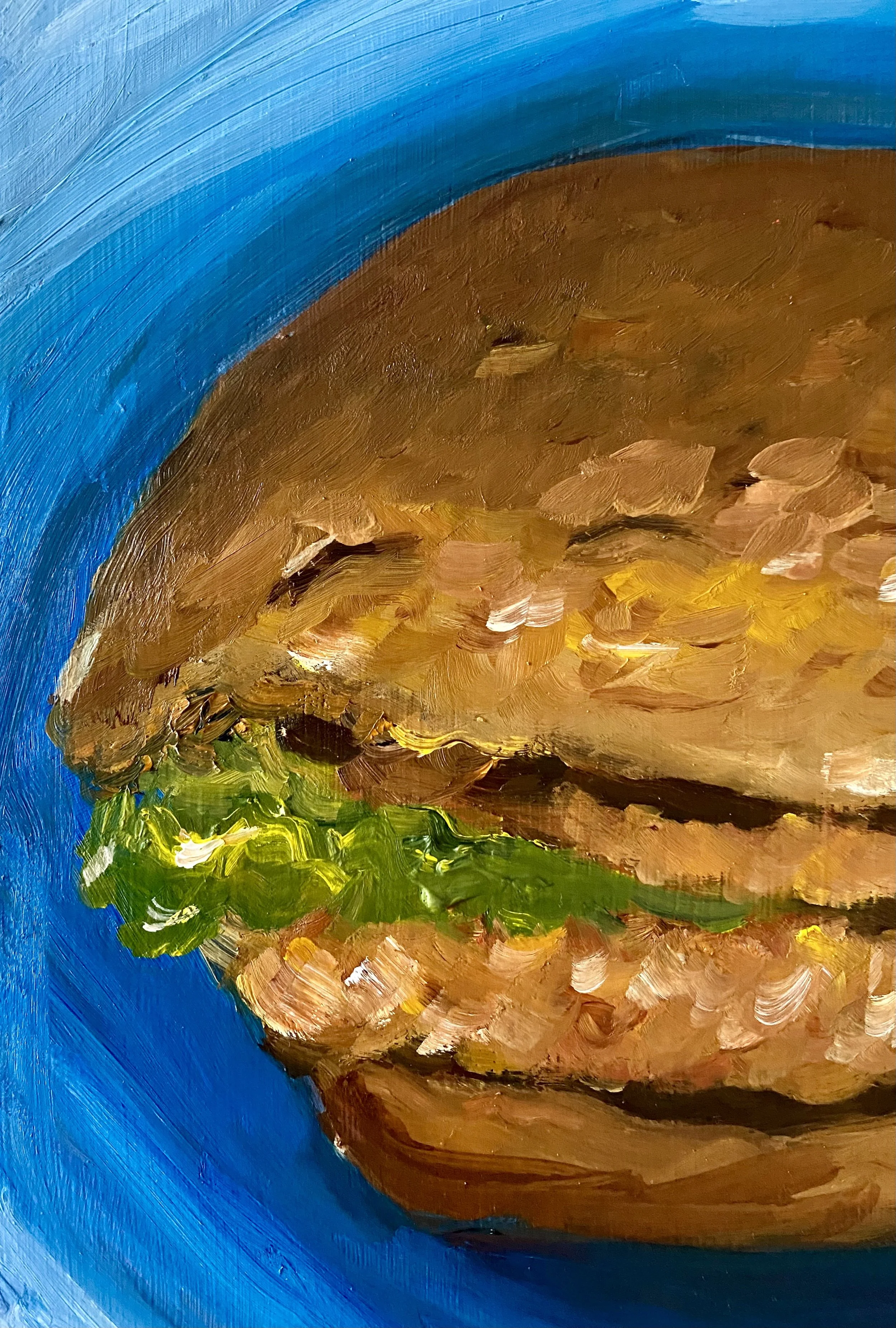 "Chicken Sandwich", water mixable oil on wood panel, 10x8".