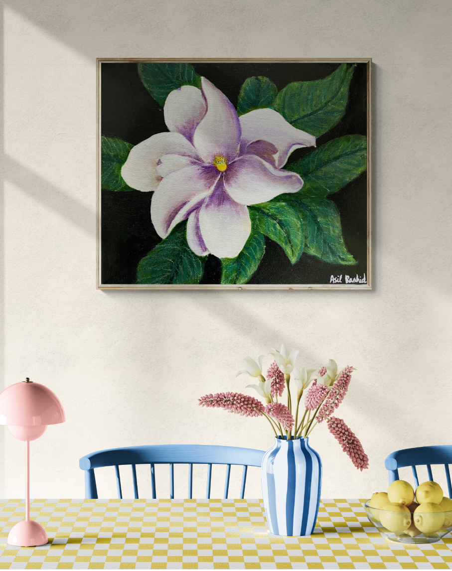 acrylic on stretched canvas painting white magnolia with green leaves