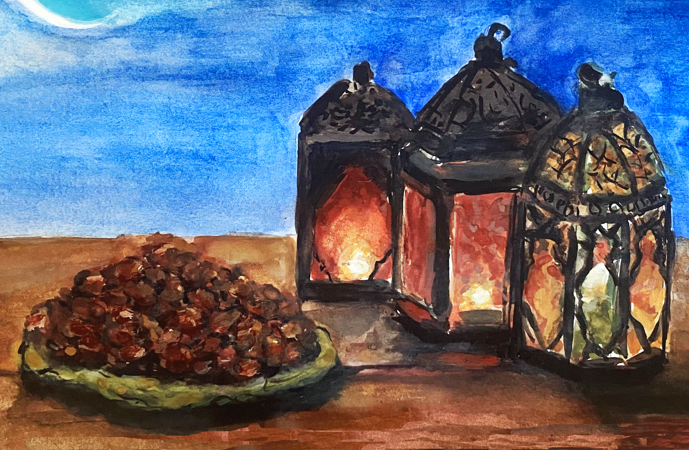 Day 48/365: "Ramadan Mubarak", watercolor on mixed media paper, 8.5x5.5"