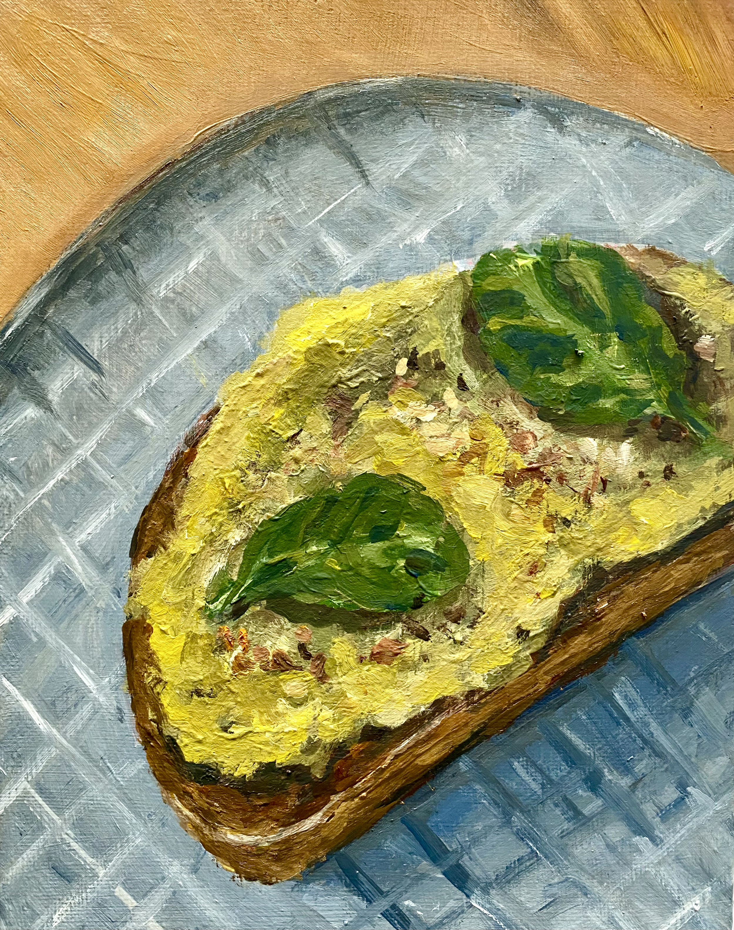 Day 5/365: "Avocado Toast", acrylic and oil on canvas panel, 8x6"
