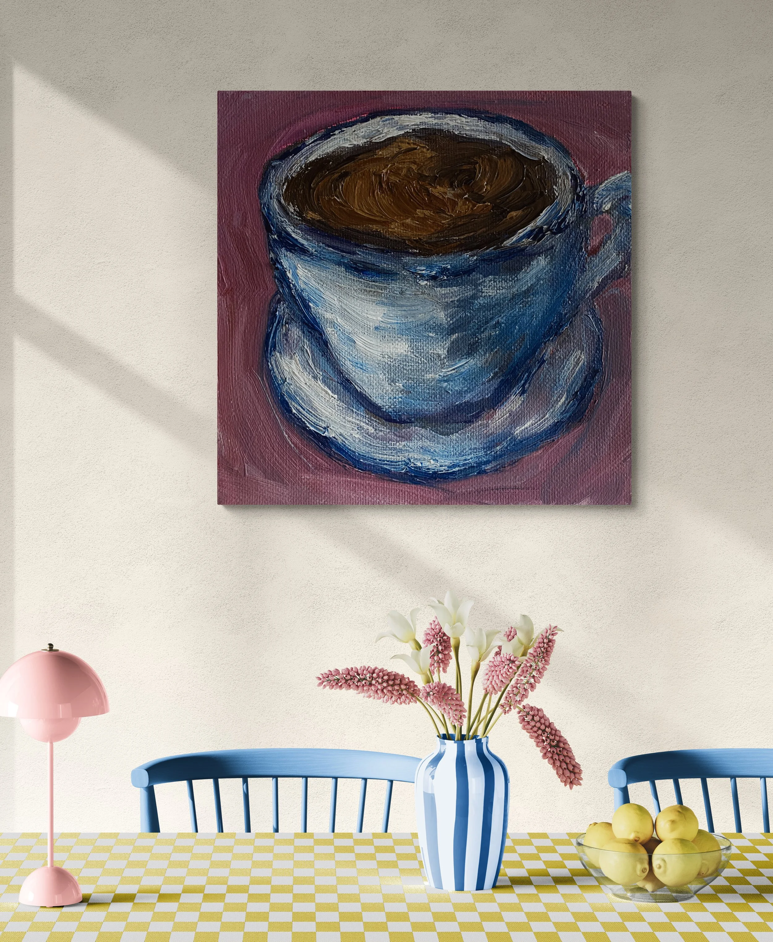 white cappuccino cup with white saucer on purple background hung in dining room.jpg
