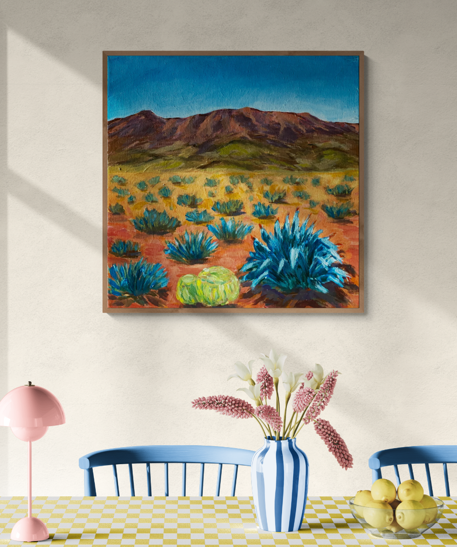 acrylic painting original western desert mountain landscape blue agave