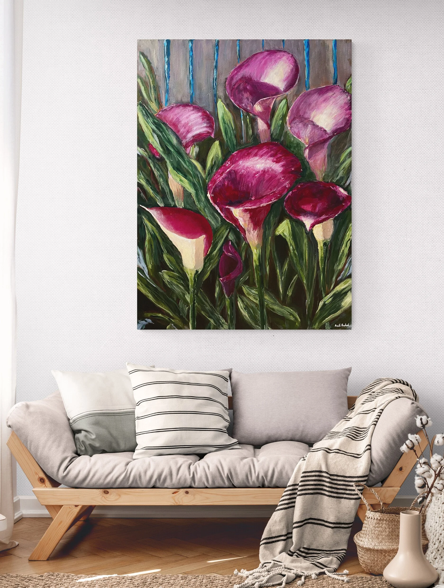 pink lilies with green leaves large painting