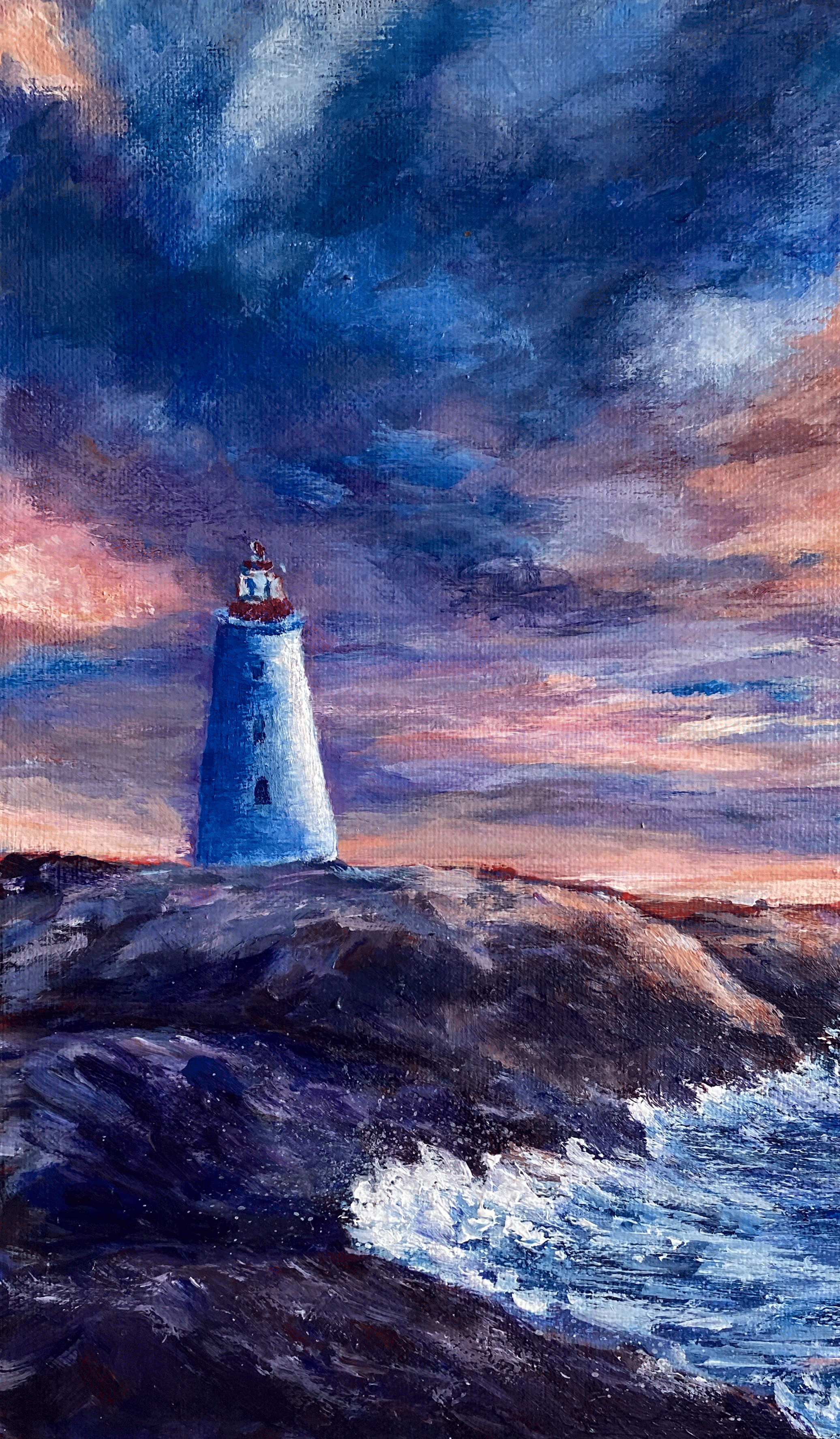 acrylic seascape original coastal wall art sunrise over peggy's cove lighthouse nova scotia, Handmade coastal artwork, Vanilla Sky Over Peggy’s Cove acrylic painting