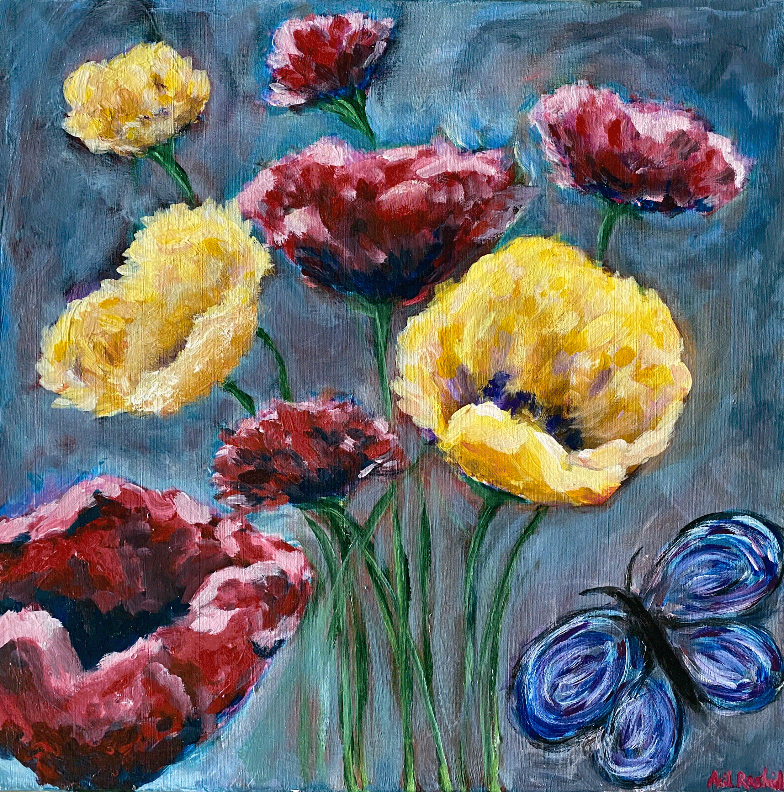 Original acrylic painting titled 'Spring Tulips,' featuring vibrant tulip flowers on a 20x20 stretched canvas