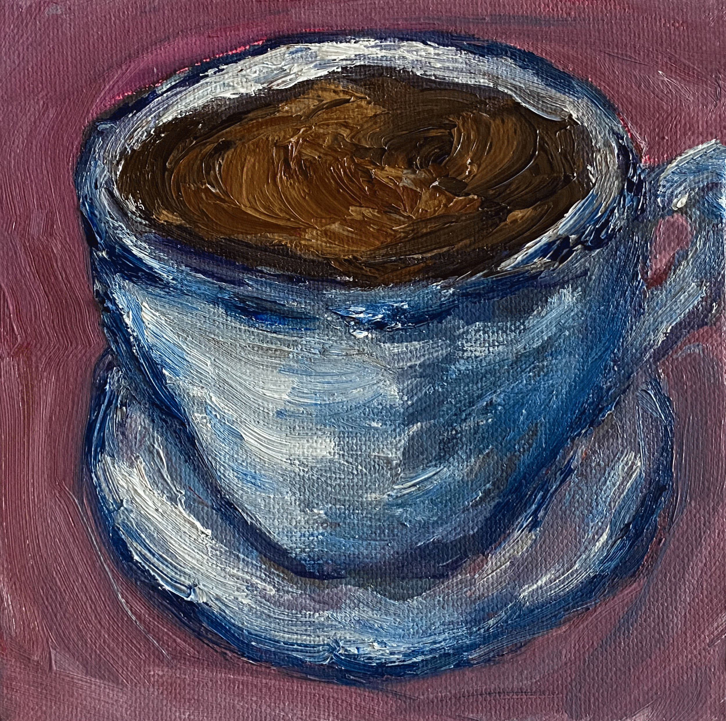 Day 106: “Weekend Coffee”, water mixable oil on canvas board, 6x6”.