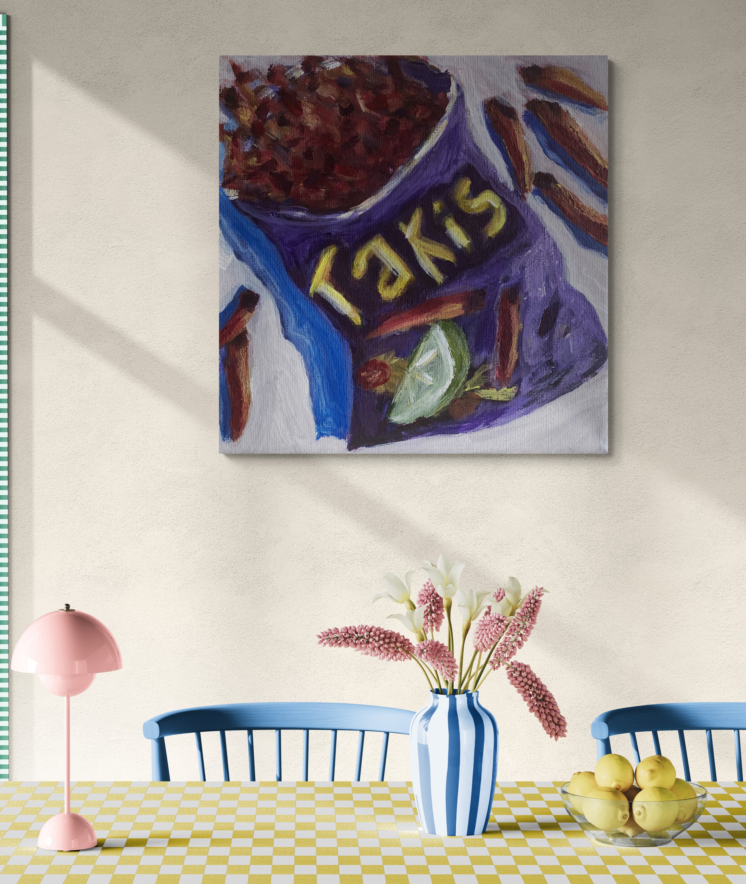 bag of taki chips purple on white background hung on wall dining room
