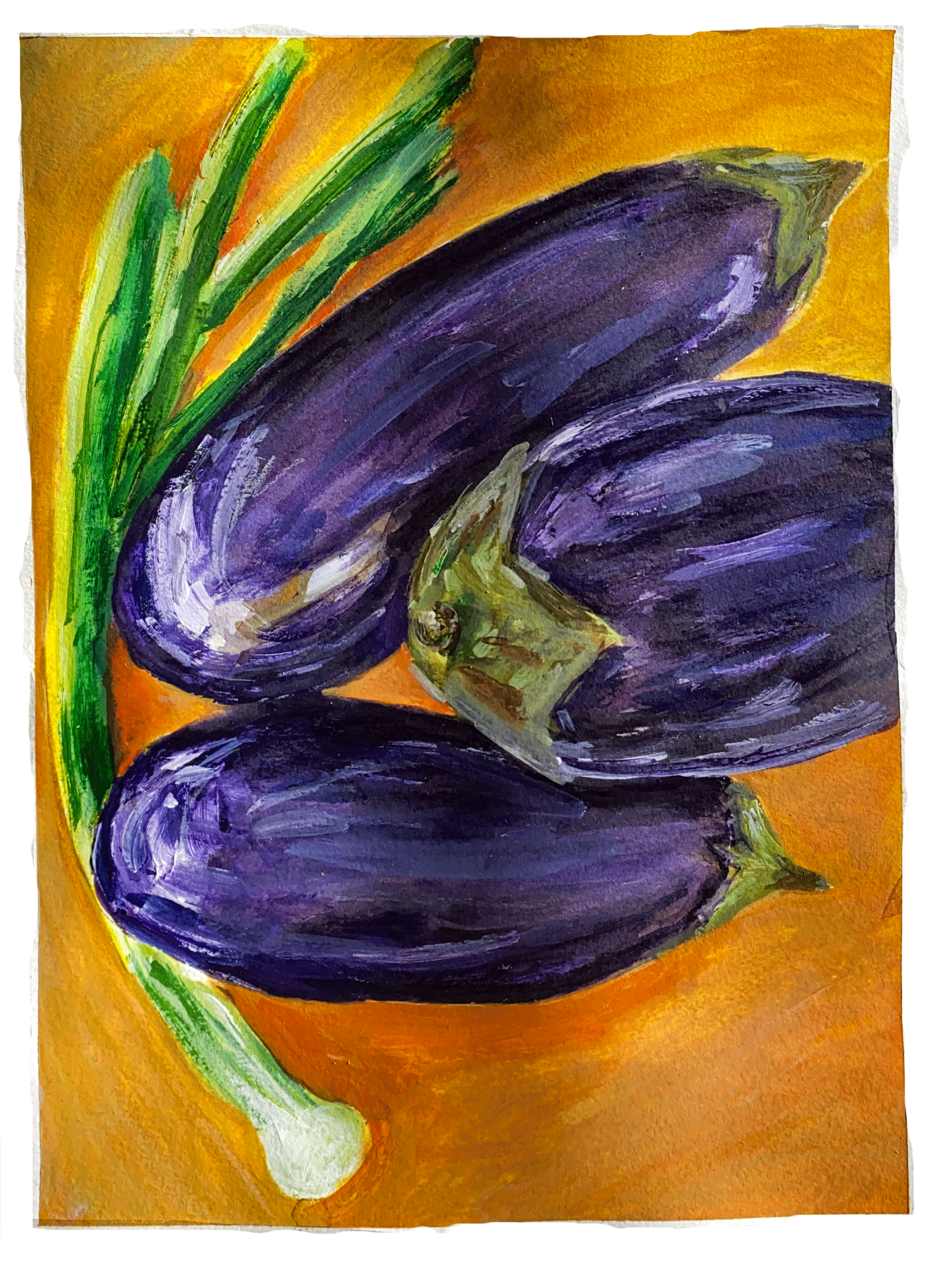 Day 84/365: Eggplants with Spring Onions", watercolor on paper, 9x12"