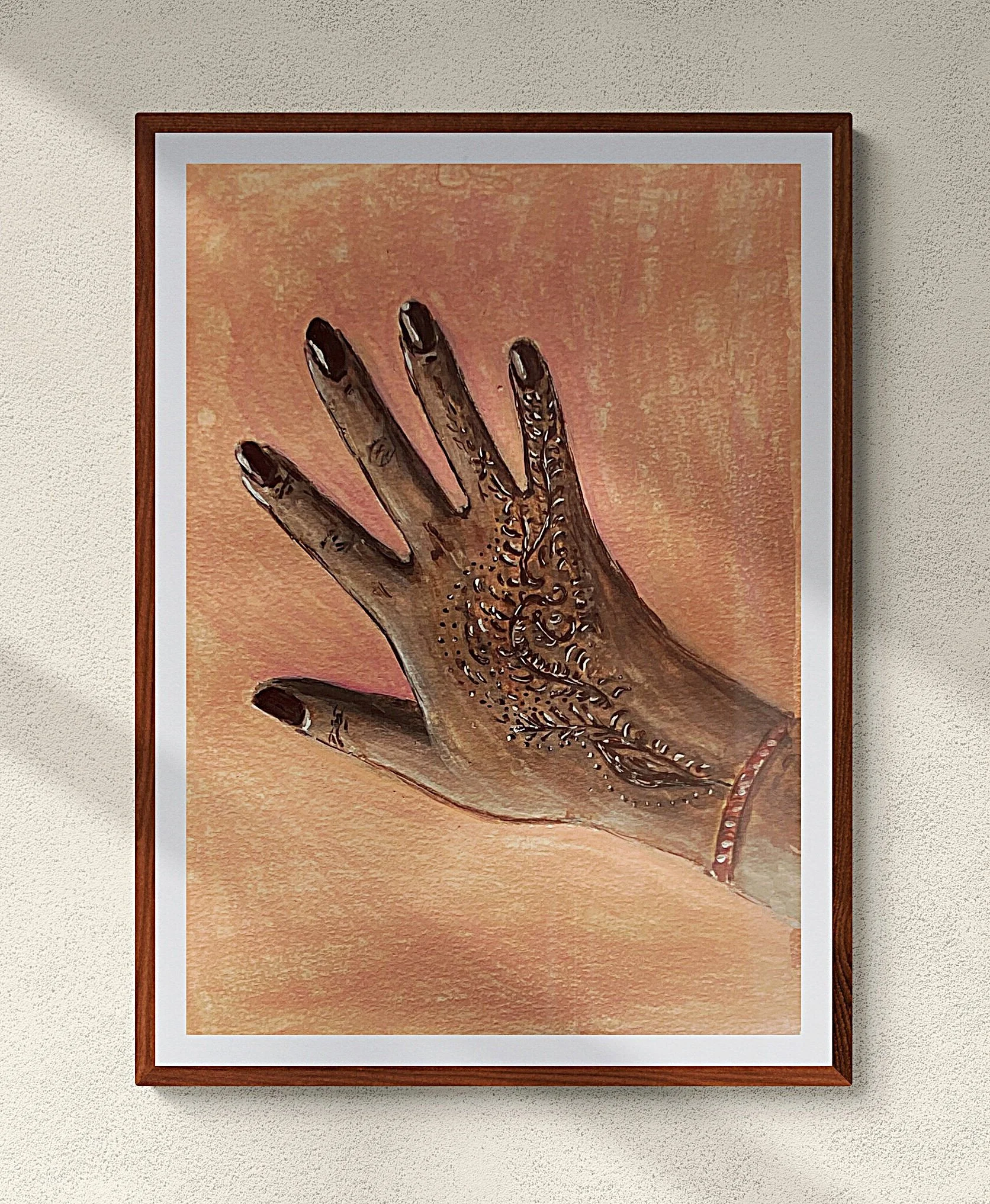 hand with henna tattoo on peach background framed hung on wall.jpg