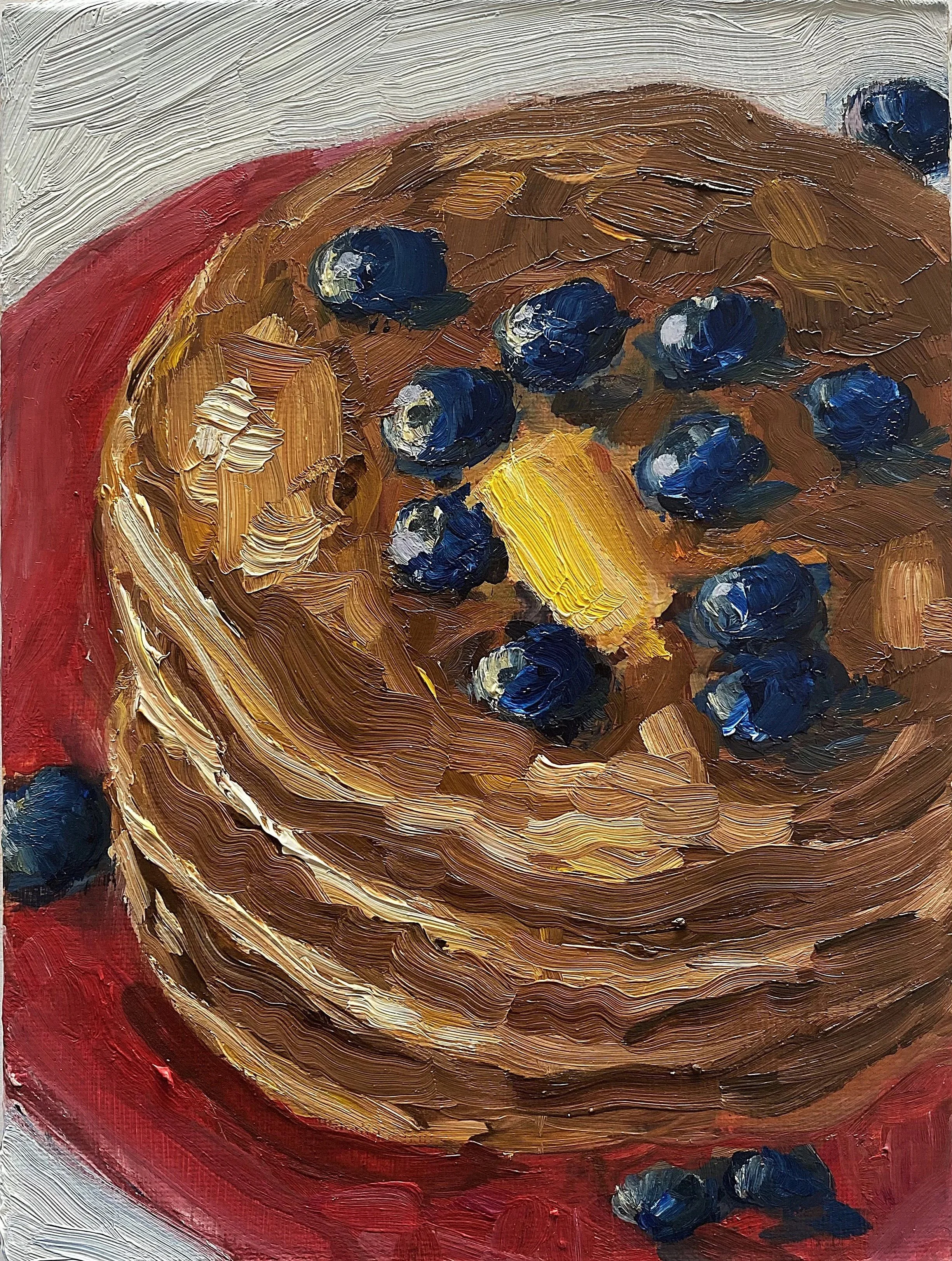 "New Year's Day Pancakes",  still life art, original oil on canvas, 8 x 6"