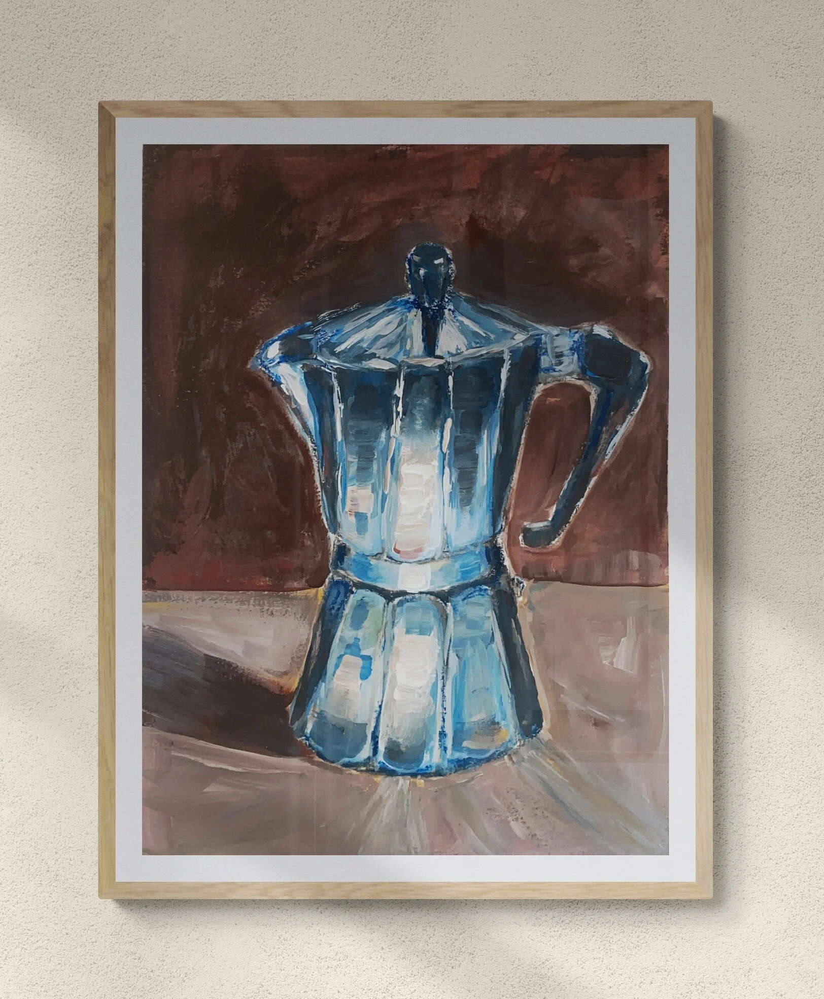 silver moka pot on brown background framed hung on wall.jpg