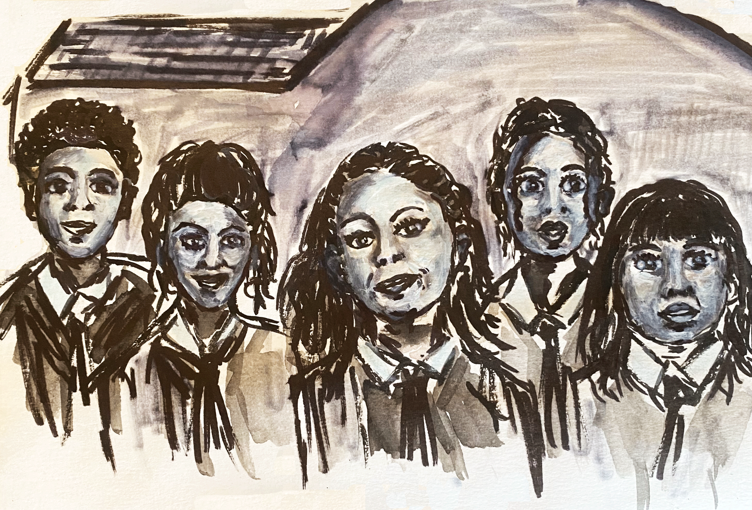 Day 49/365: "Derry Girls", pen and ink on mixed media paper, 8.5x5.5"
