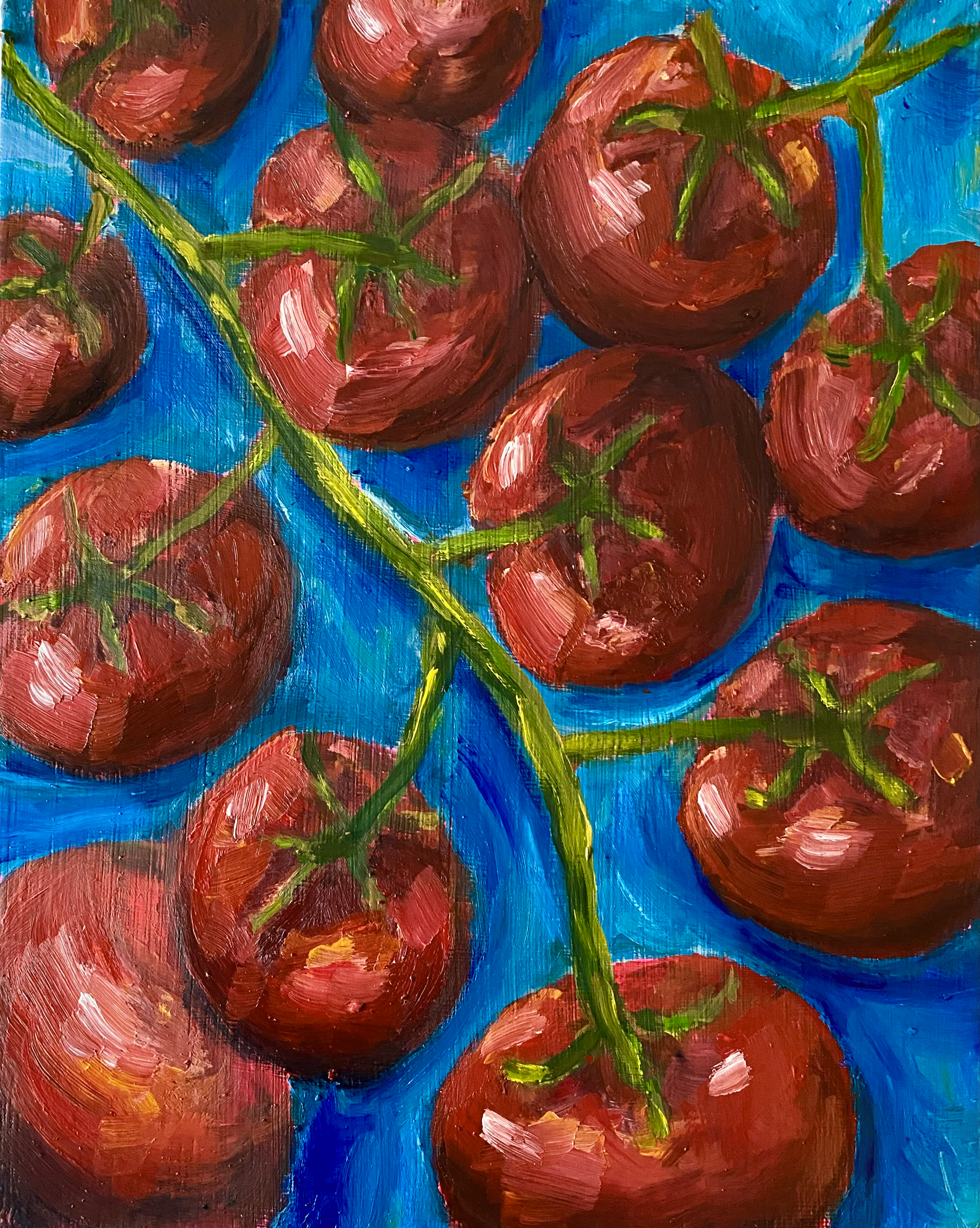 Day 6/365: "Tomatoes on the vine", original oil on wood panel, 10x8"