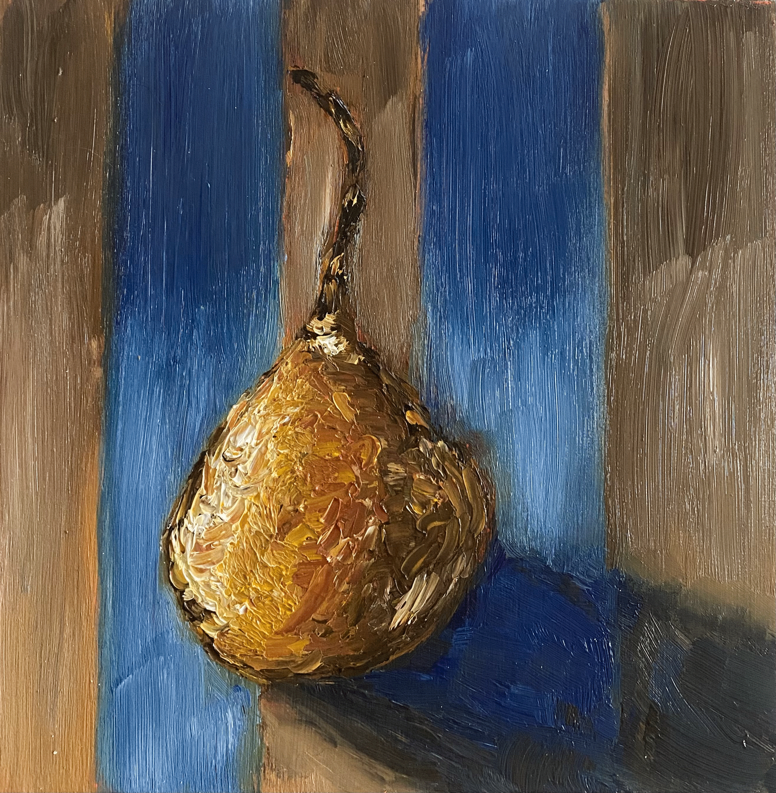 Pear study on brown and blue stiped background