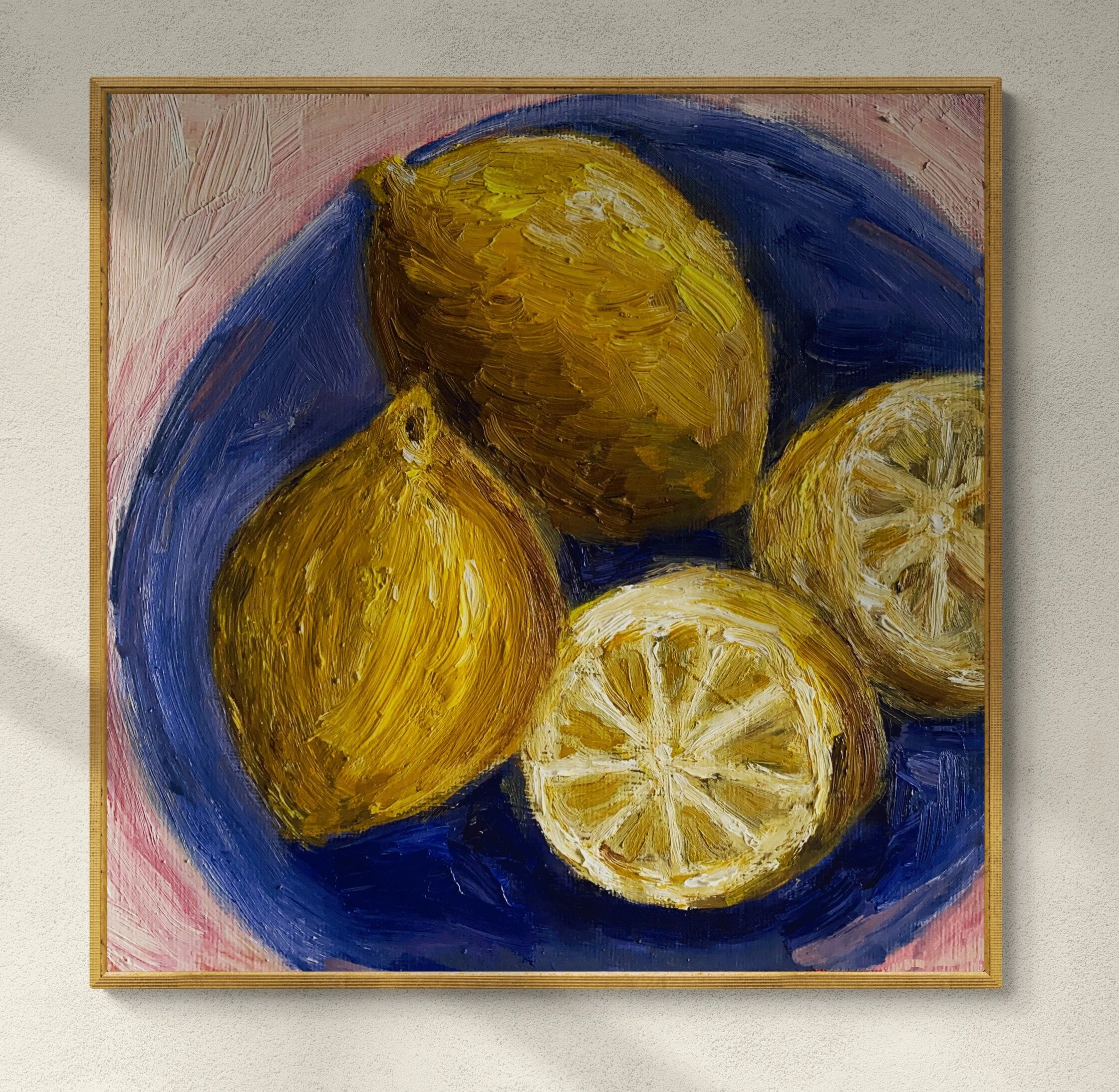 lemons on blue plate framed