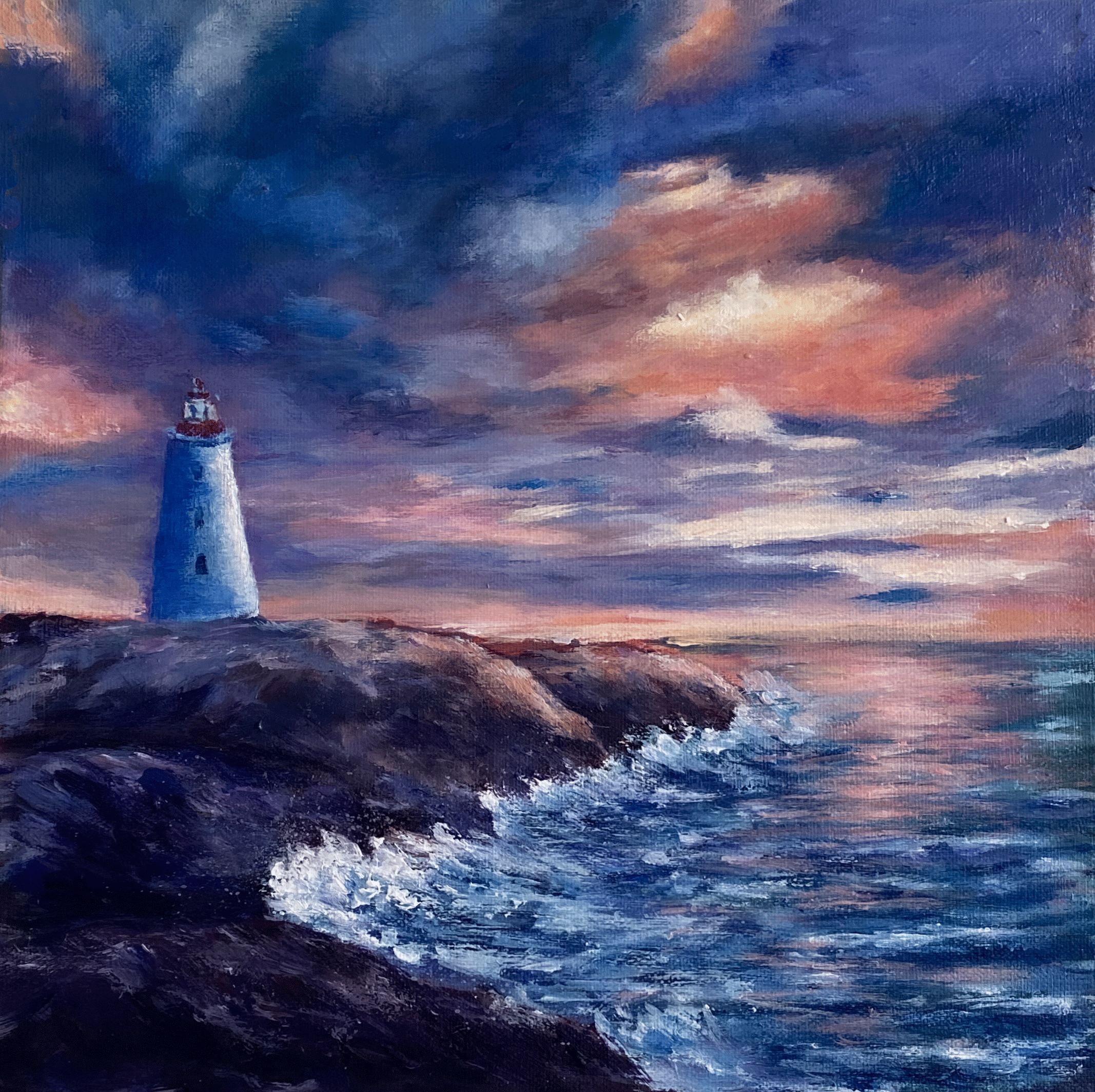 acrylic seascape original coastal wall art sunrise over peggy's cove lighthouse nova scotia, Handmade coastal artwork, Vanilla Sky Over Peggy’s Cove acrylic painting
